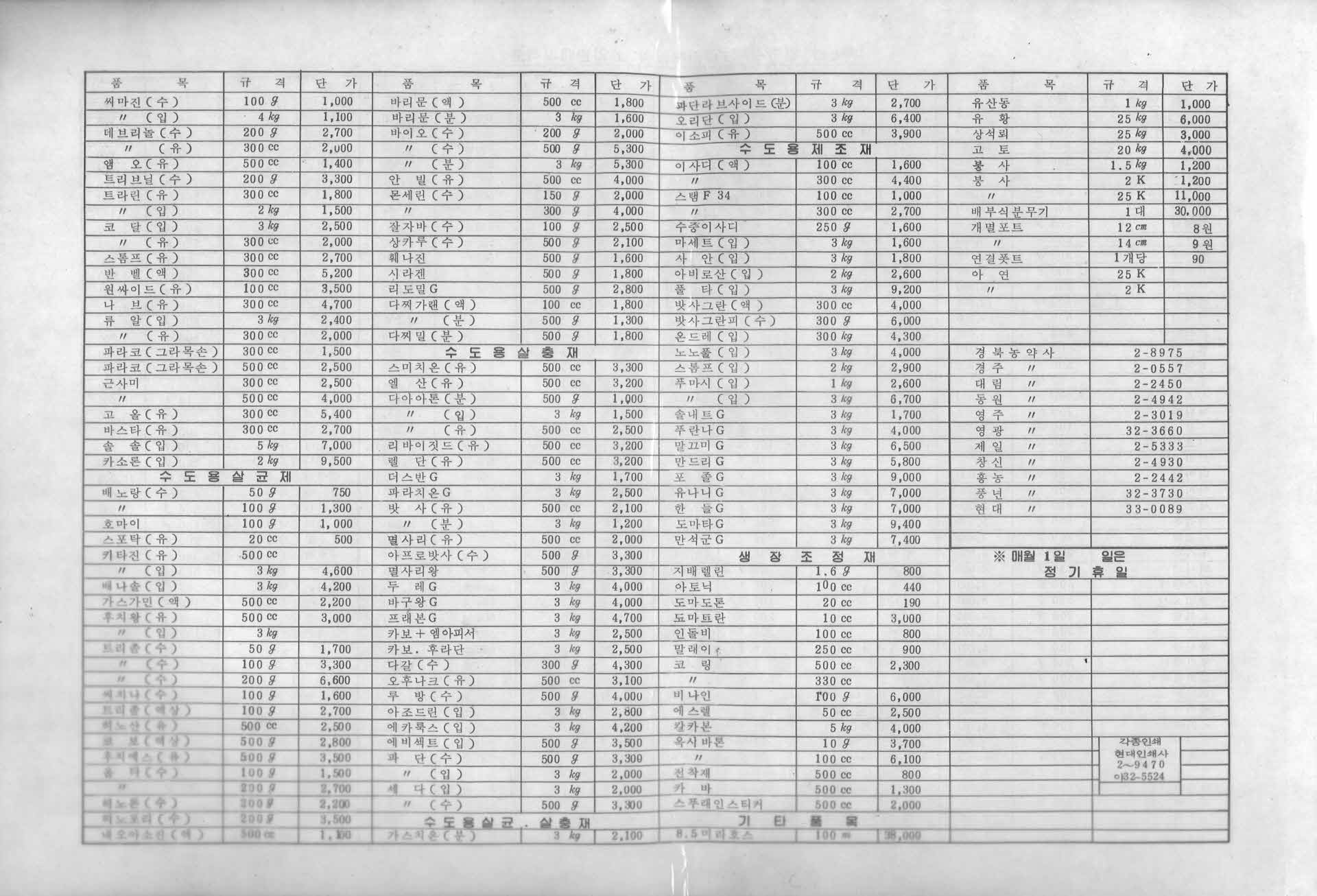 영주시 농약 판매협회 가격표