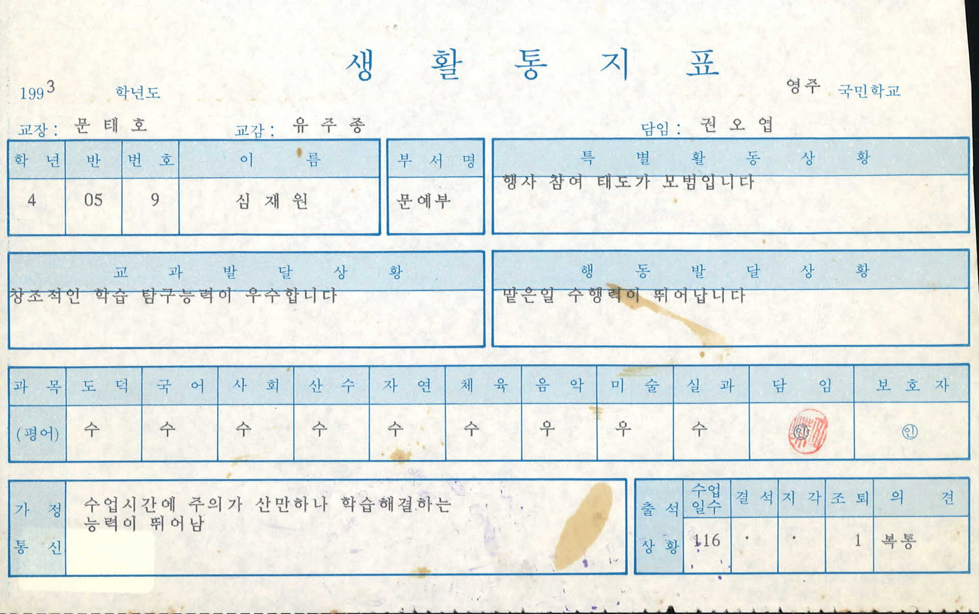 1993년도 영주국민학교 생활통지표