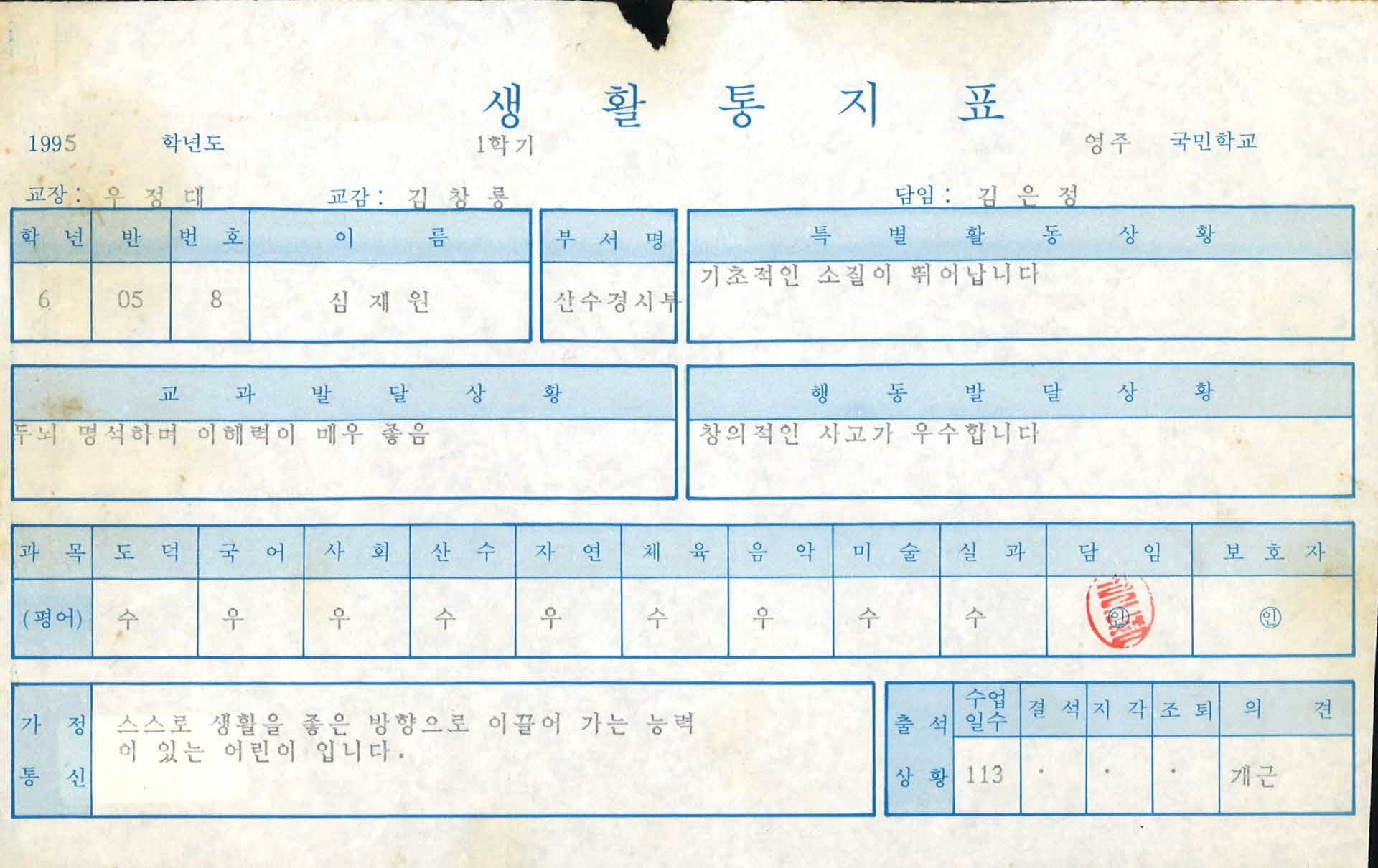1995년도 영주국민학교 생활통지표