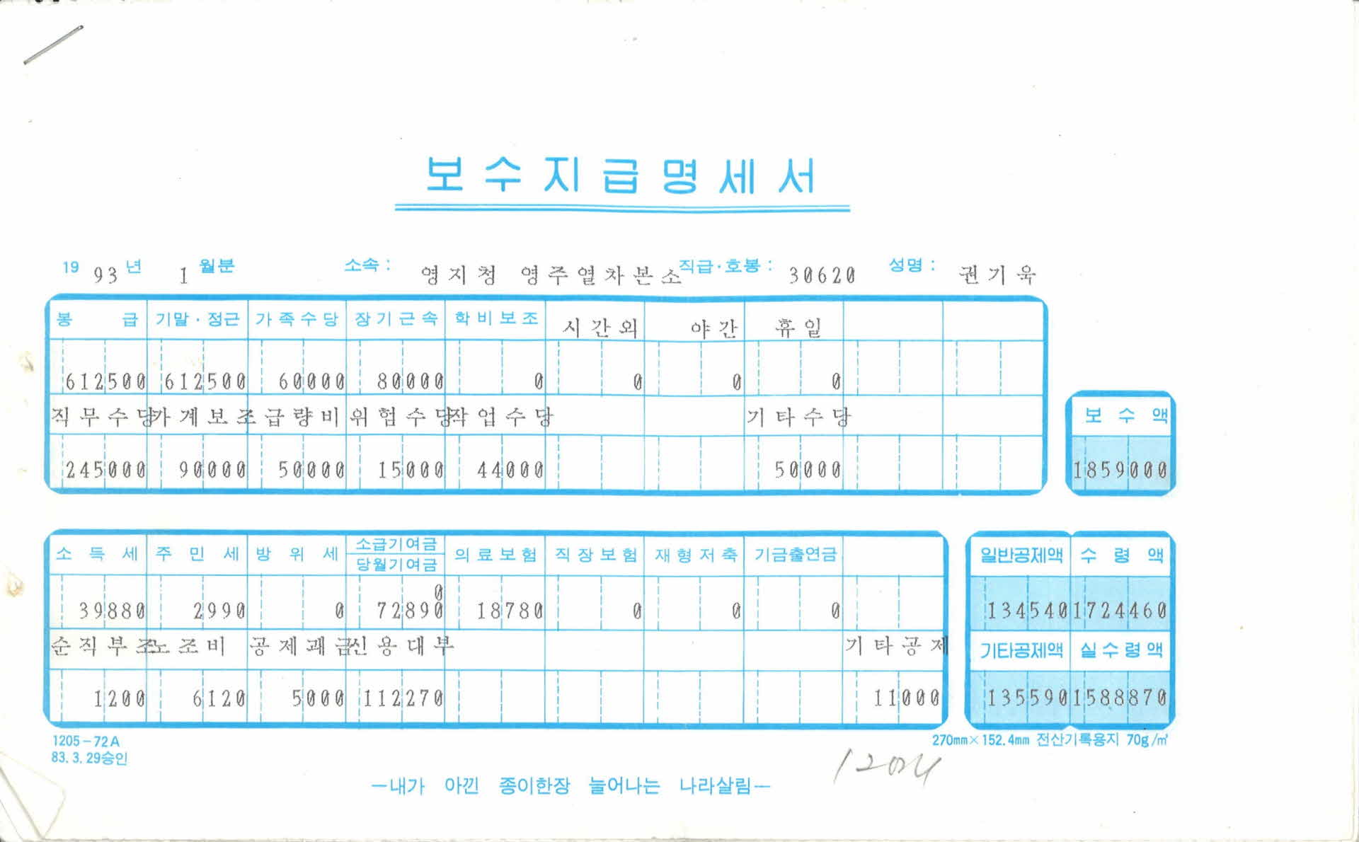 93년 보수지급명세서