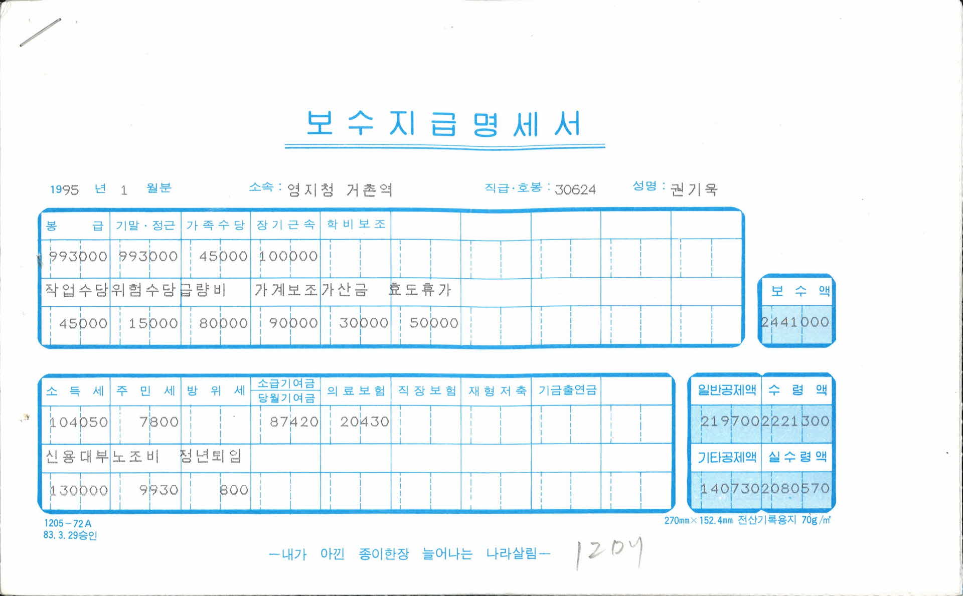 95년 보수지급명세서