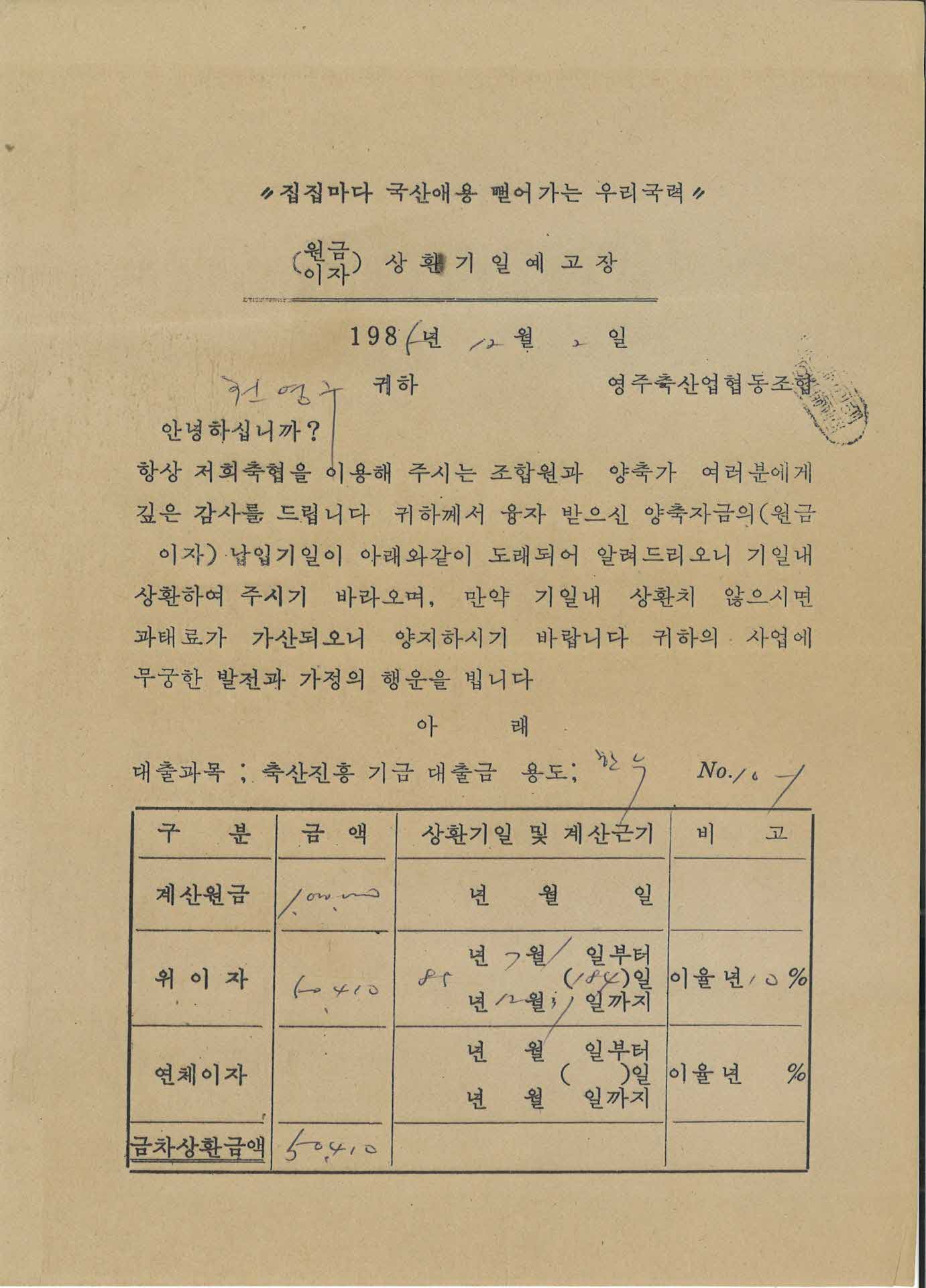 (원금,이자)상환 기일 예고장