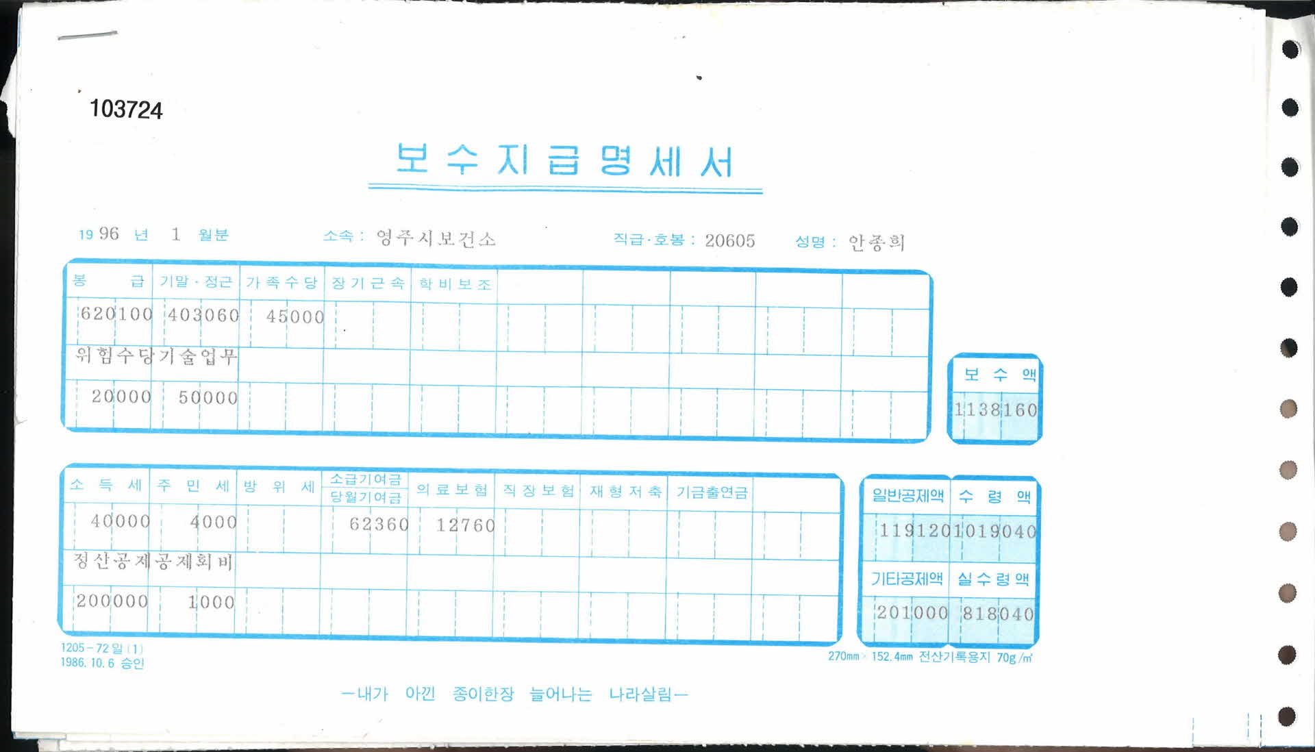 영풍군 보건소 보수지급명세서