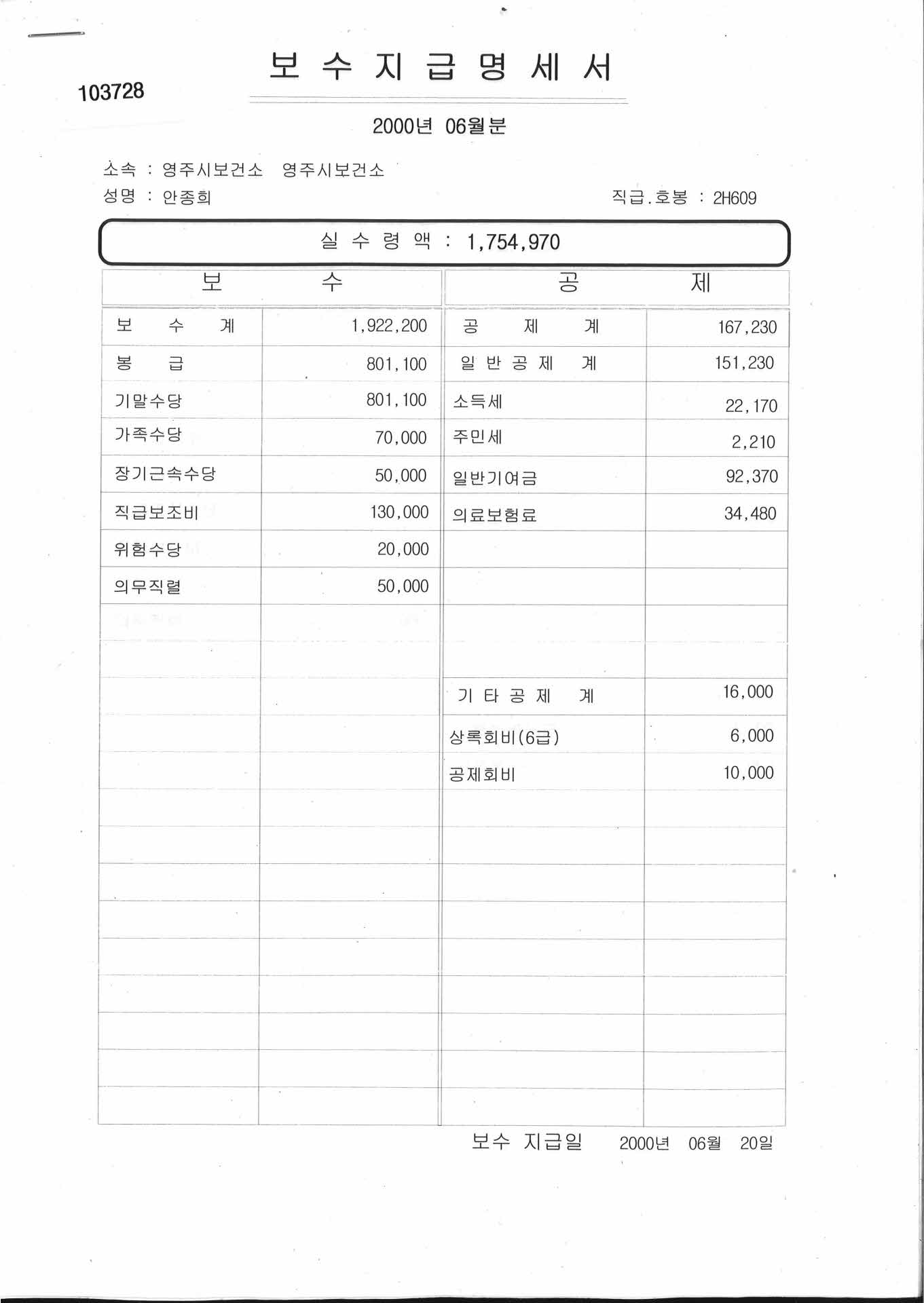 영풍군 보건소 보수지급명세서