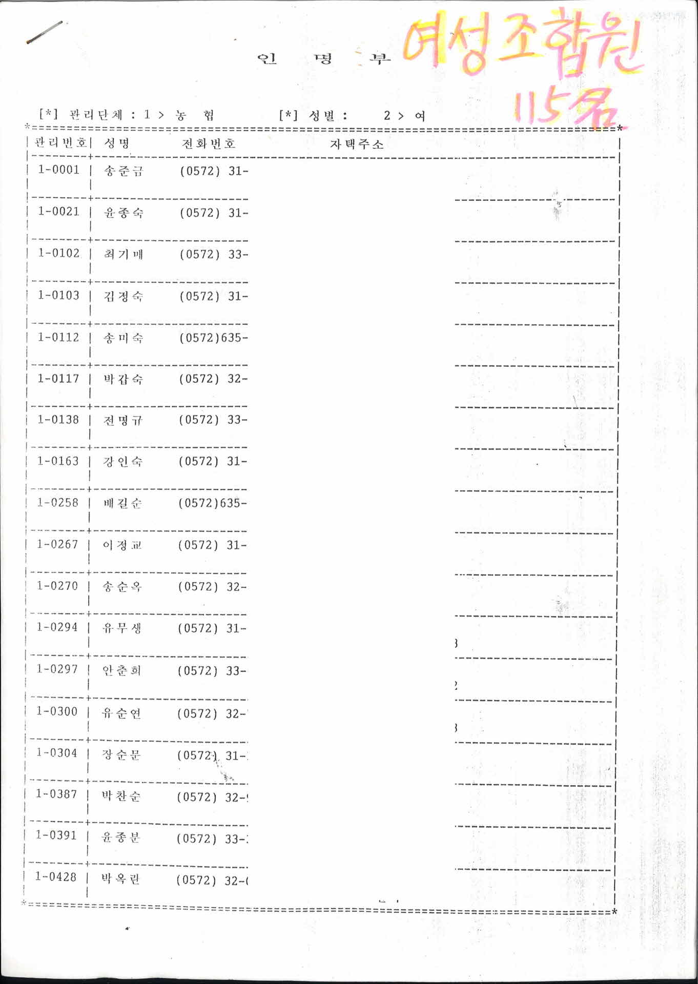 영농회 여성조합원 인명부