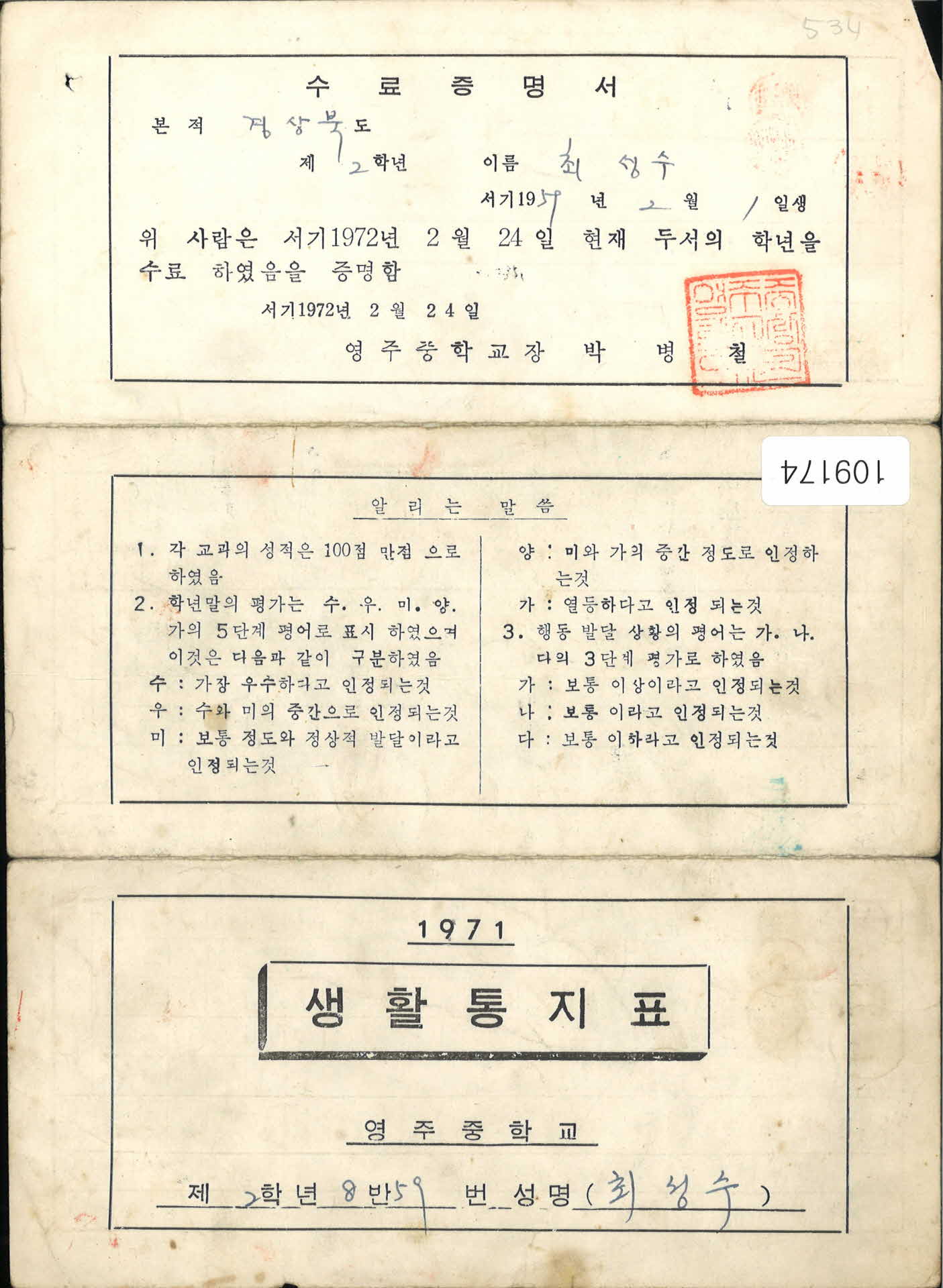 1971년 영주중학교 생활통지표