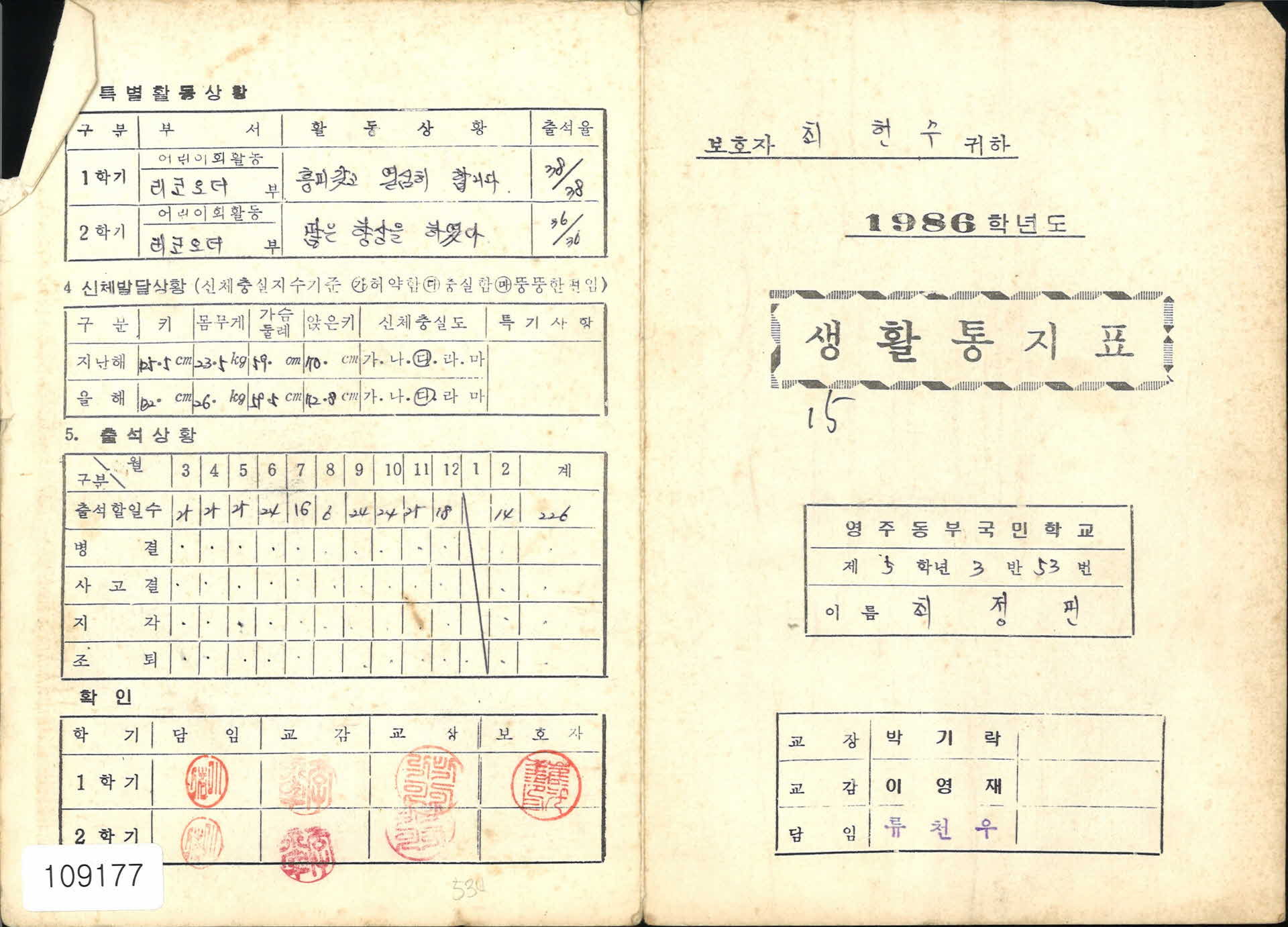 1986년 영주동부국민학교 생활통지표