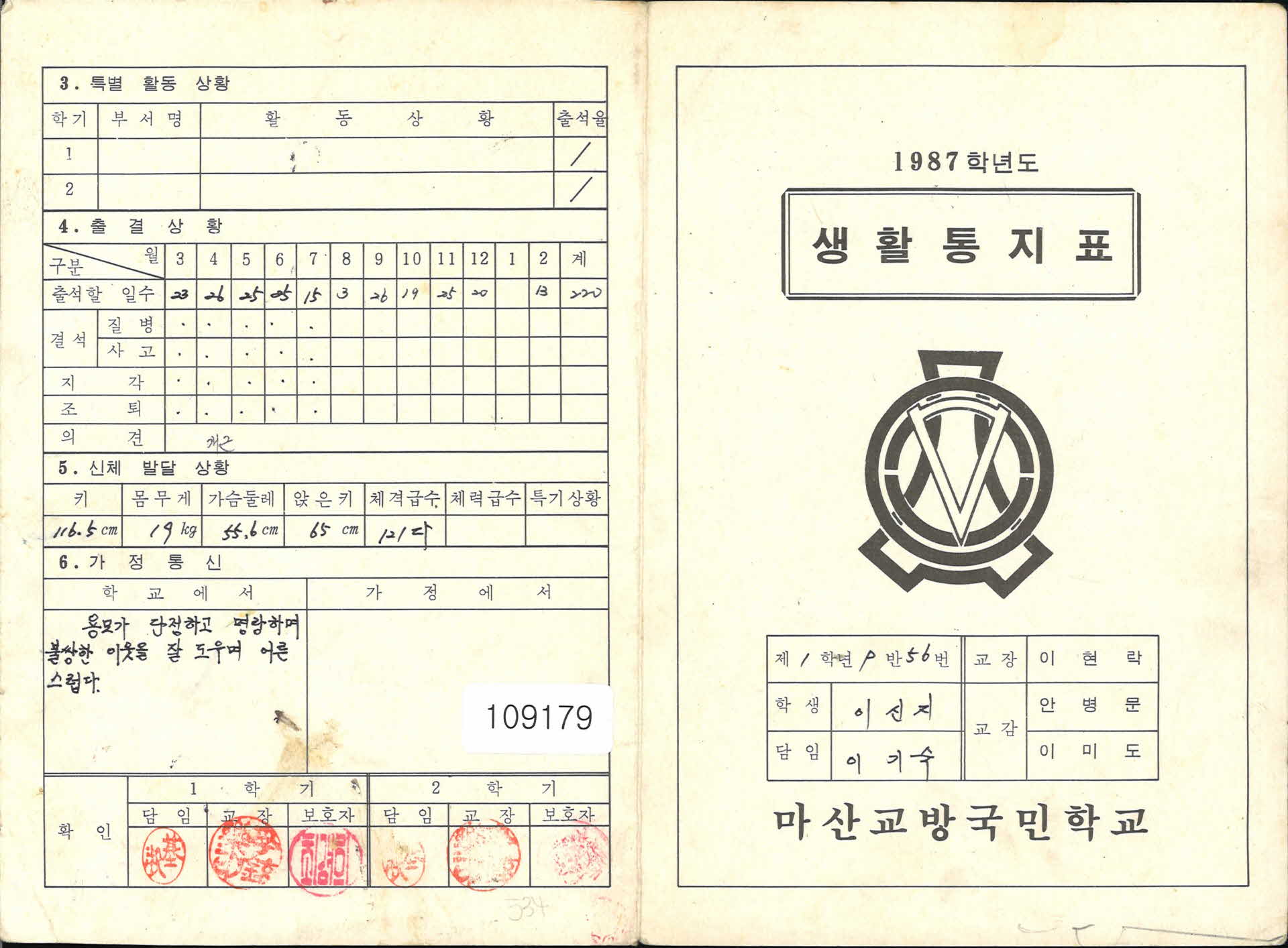 1987년 마산교방국민학교 생활통지표