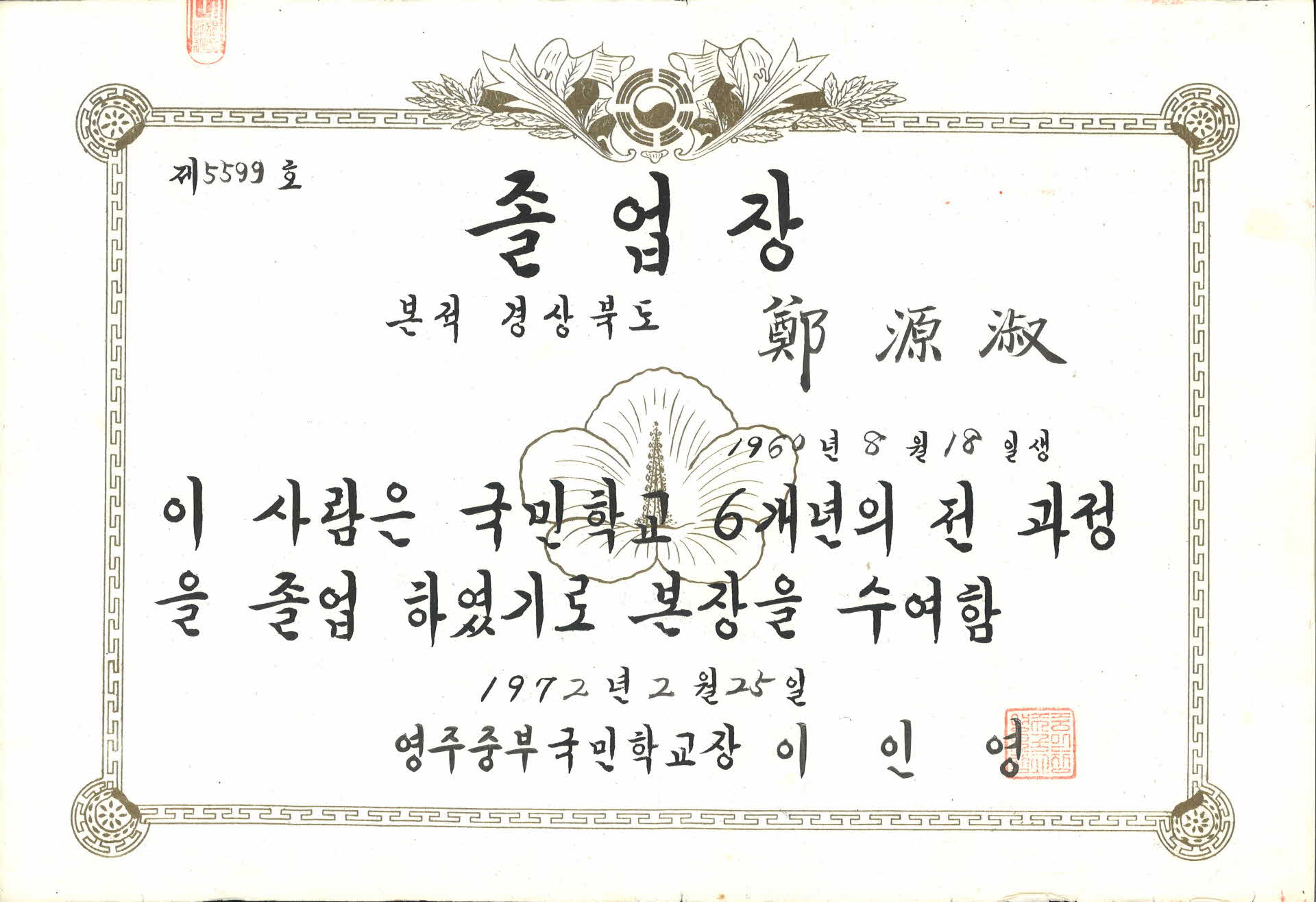 영주중부국민학교 졸업장