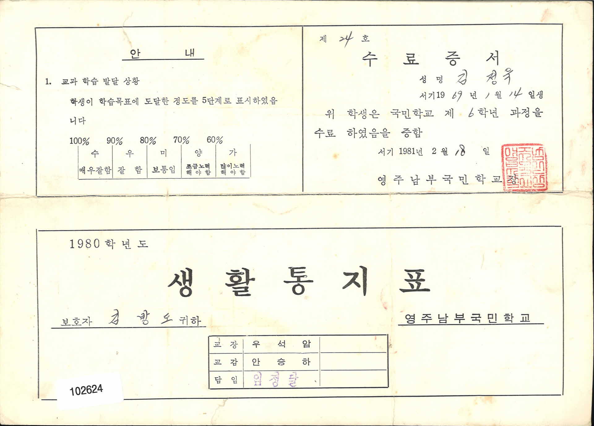 영주남부국민학교 생활통지표