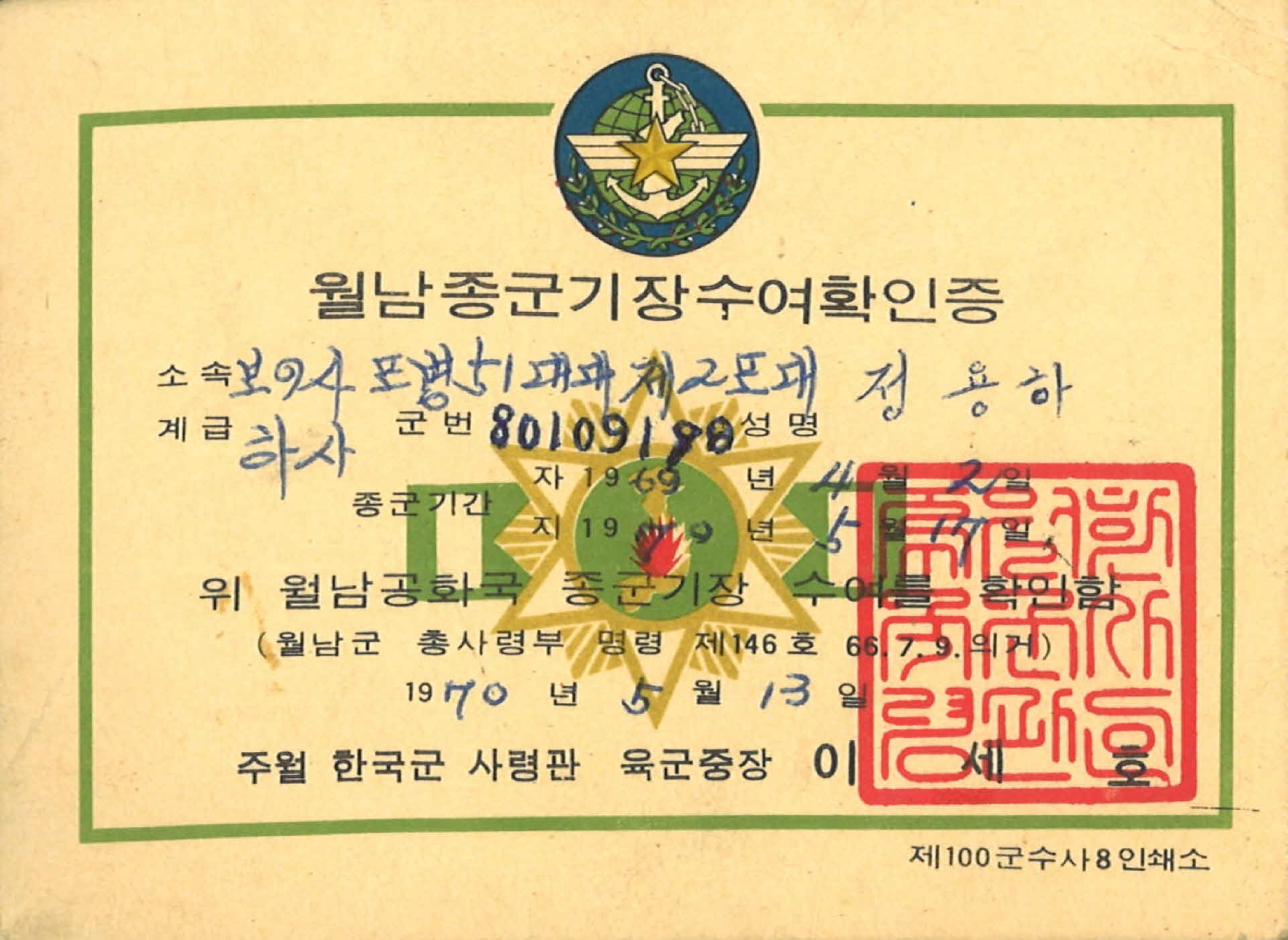 월남종군기장수여확인증