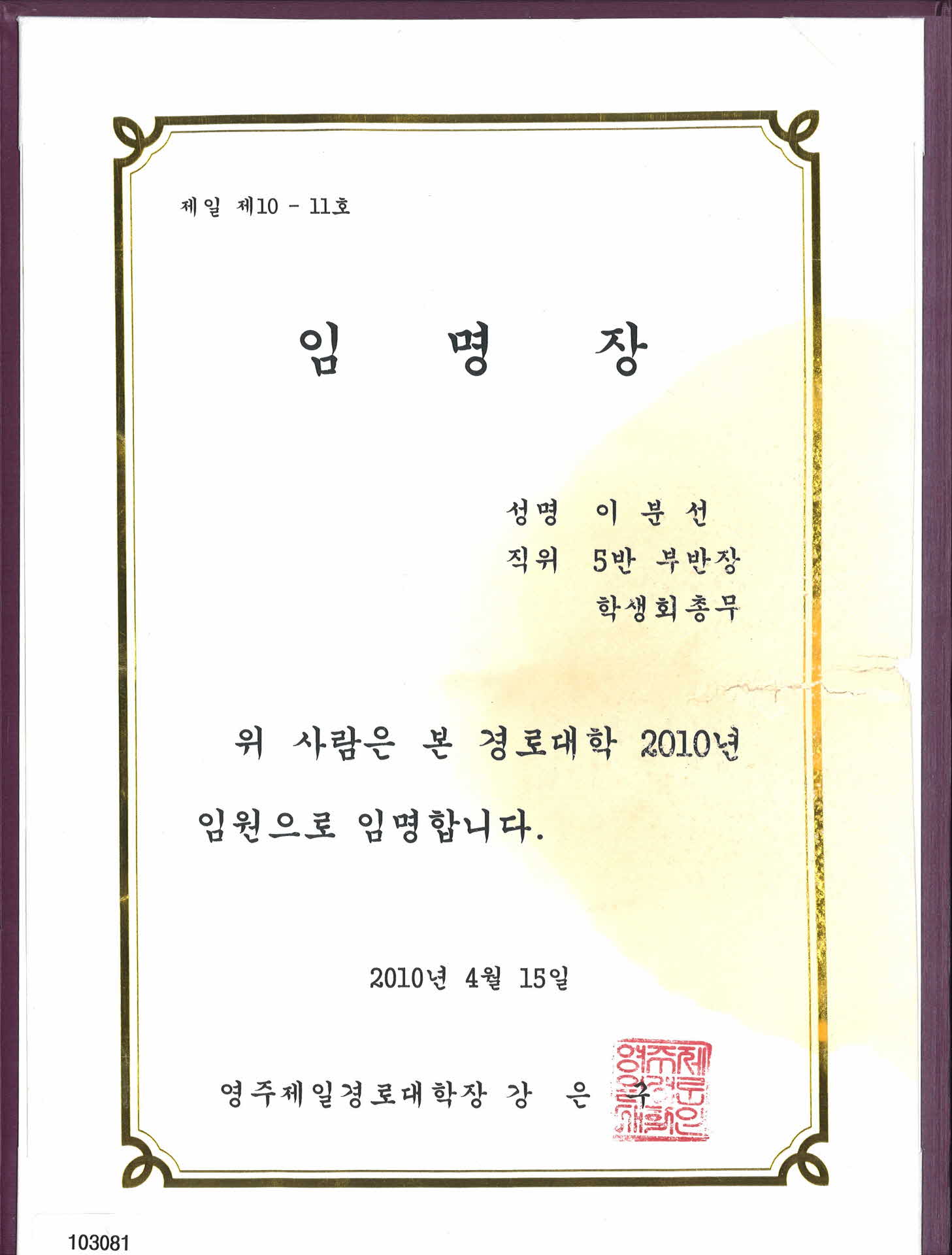 대한노인회 임명장