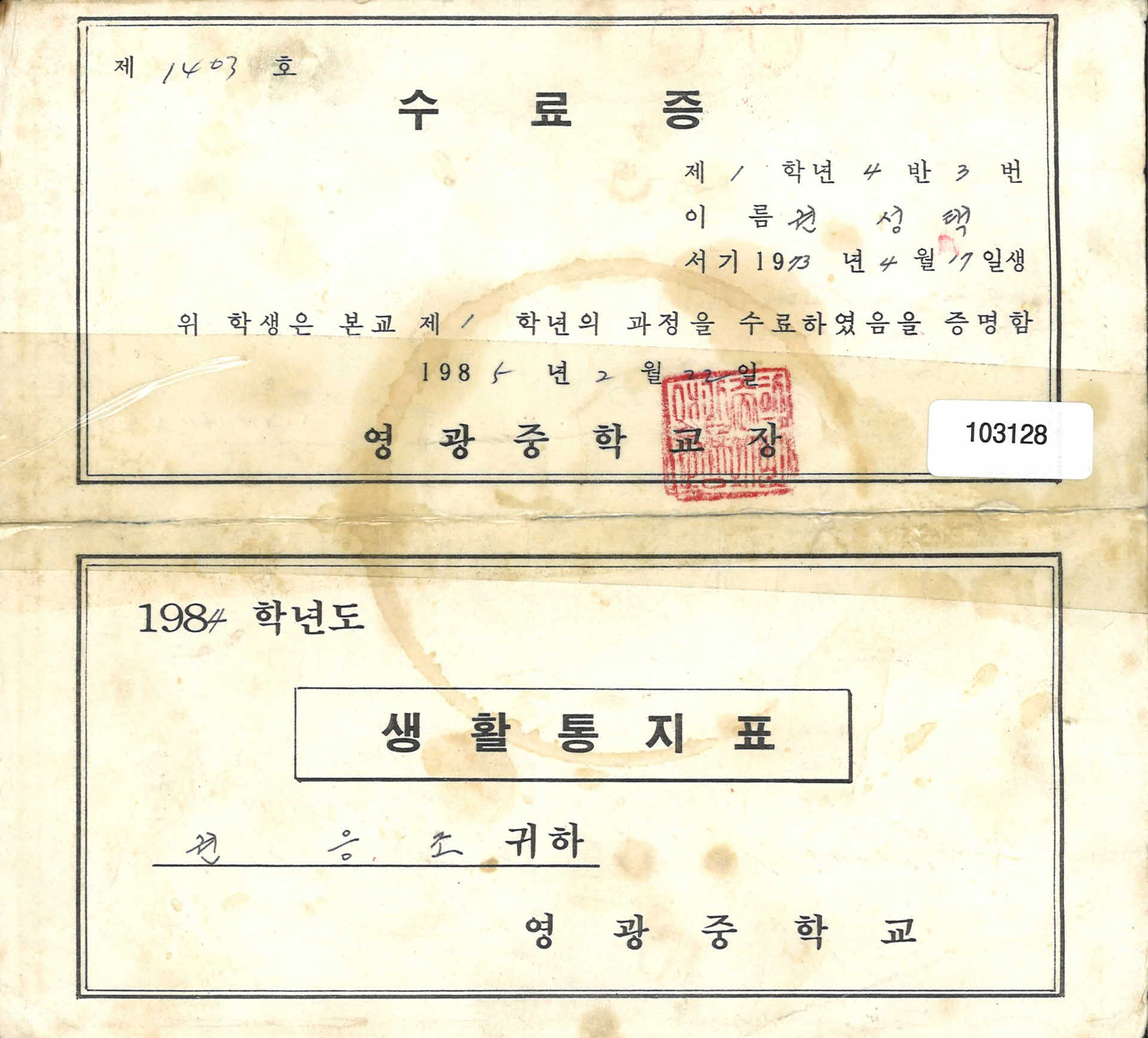 영광중학교 생활통지표