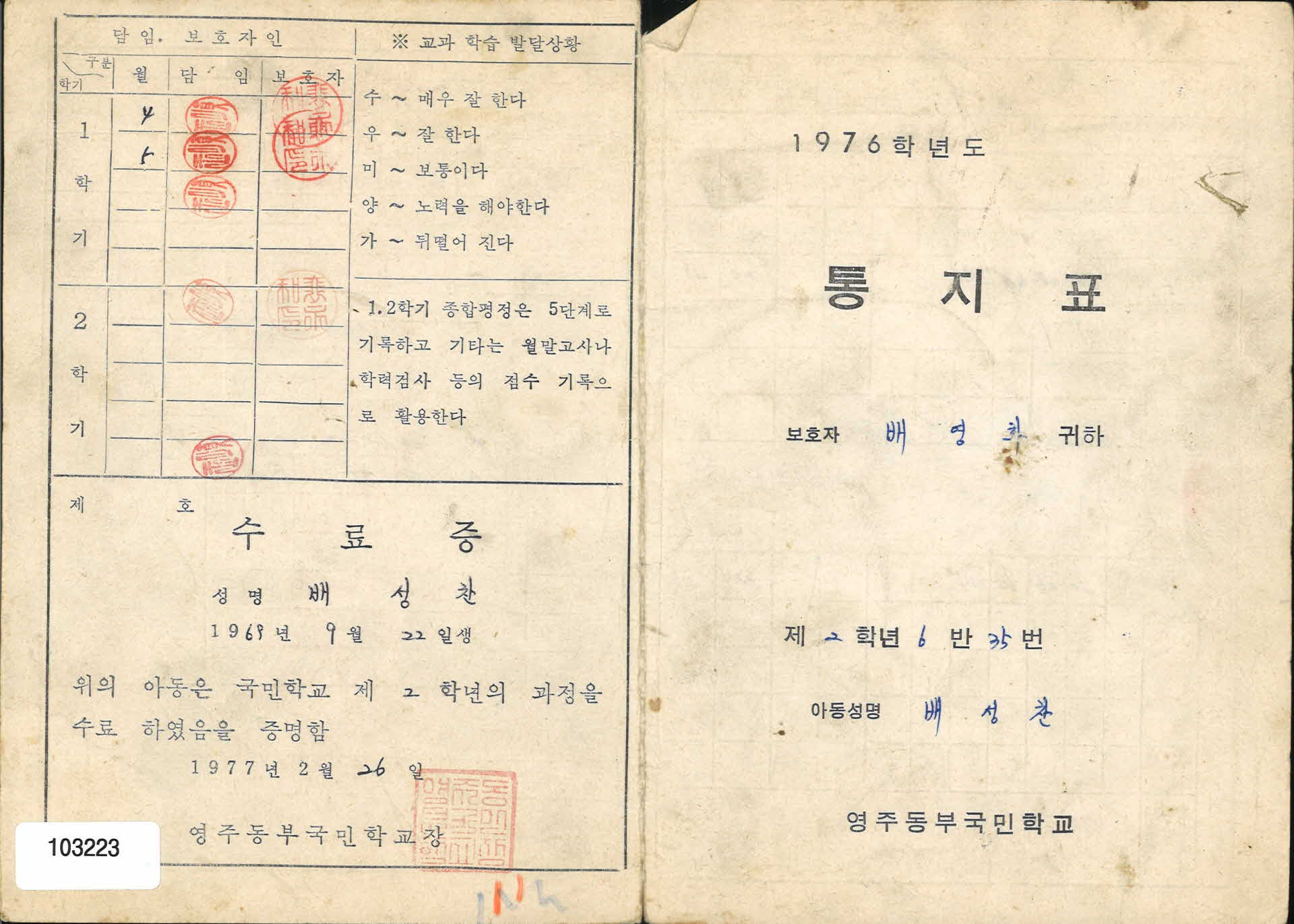 1977년 영주동부국민학교 2학년 통지표