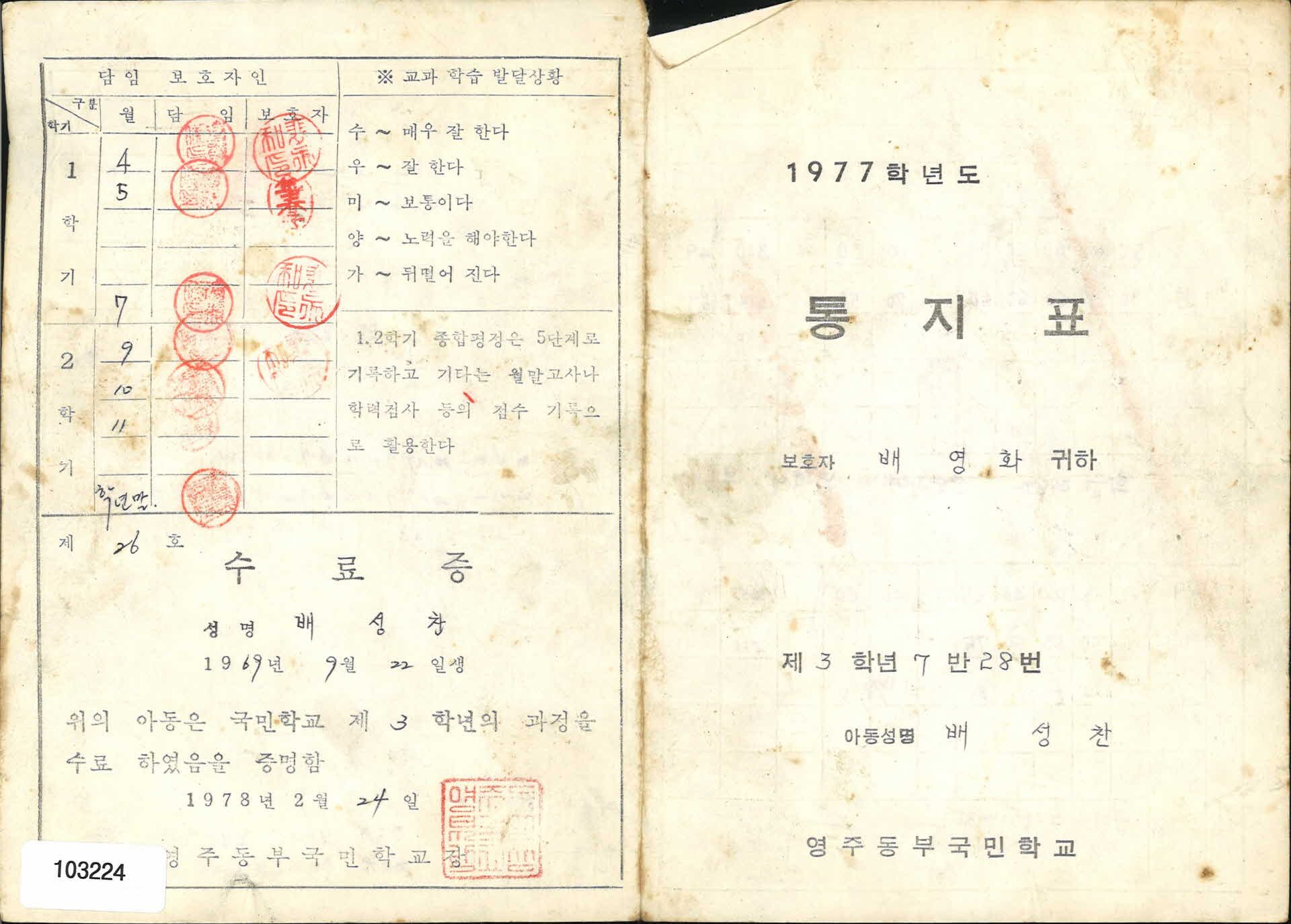 1978년 영주동부국민학교 3학년 통지표