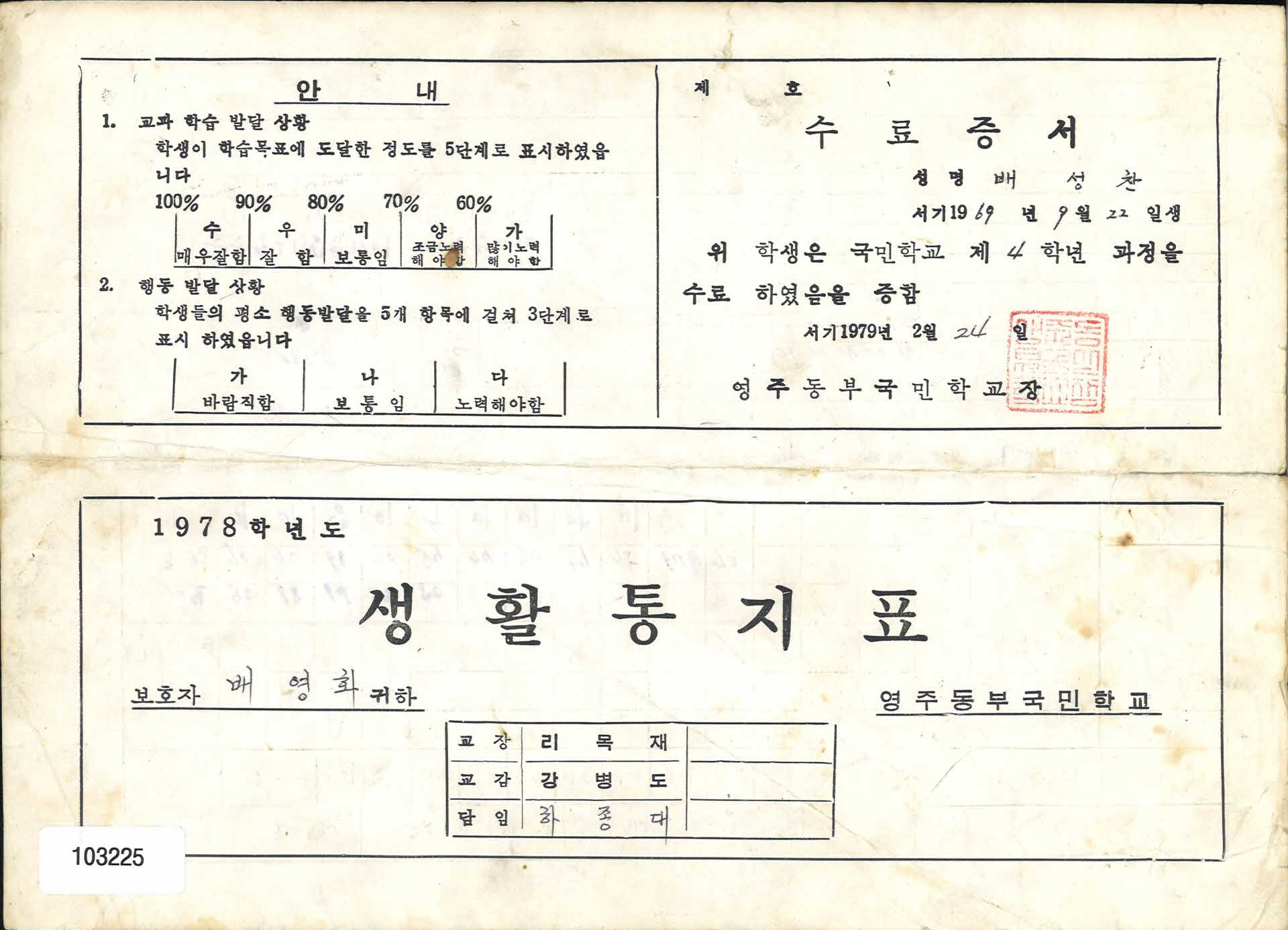 1979년 영주동부국민학교 4학년 통지표