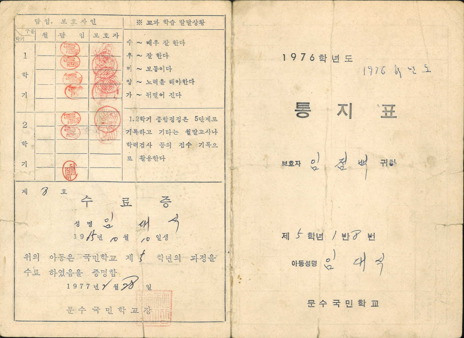 1976학년도 문수국민학교 통지표