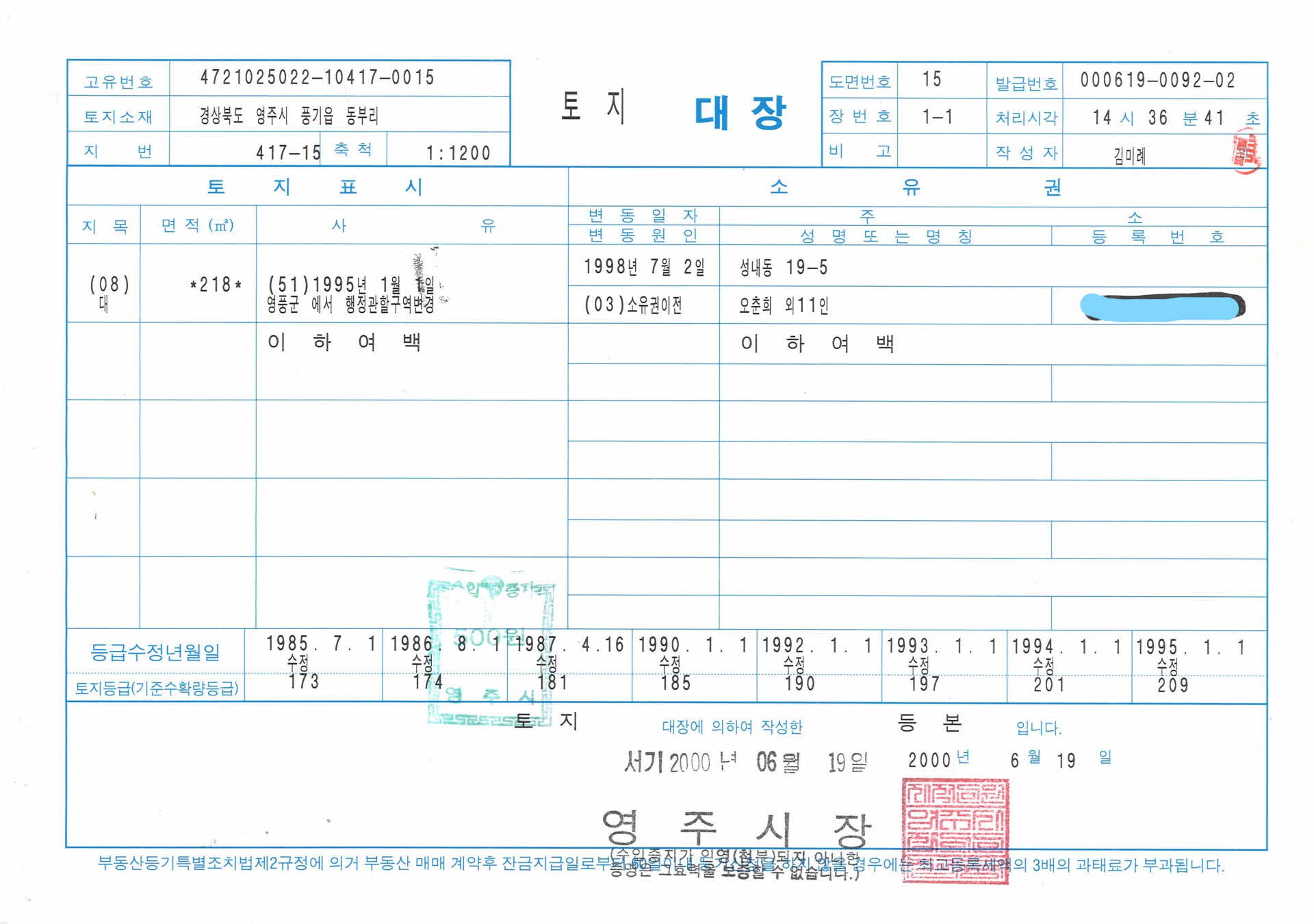 토지대장 2000.6.19