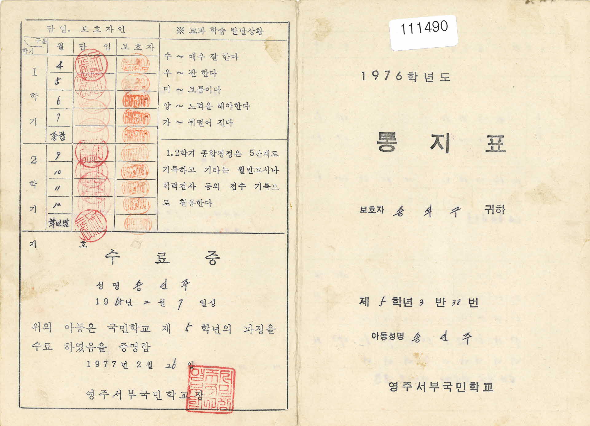 영주서부국민학교 통지표