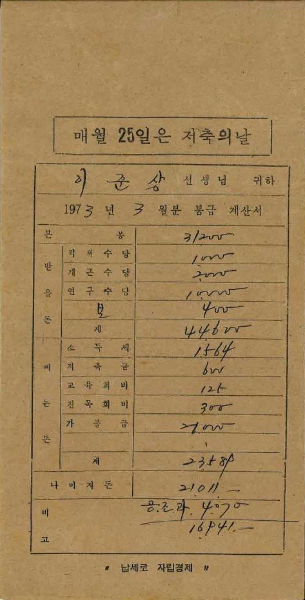 1973년 3월 교사 봉급계산서 봉투