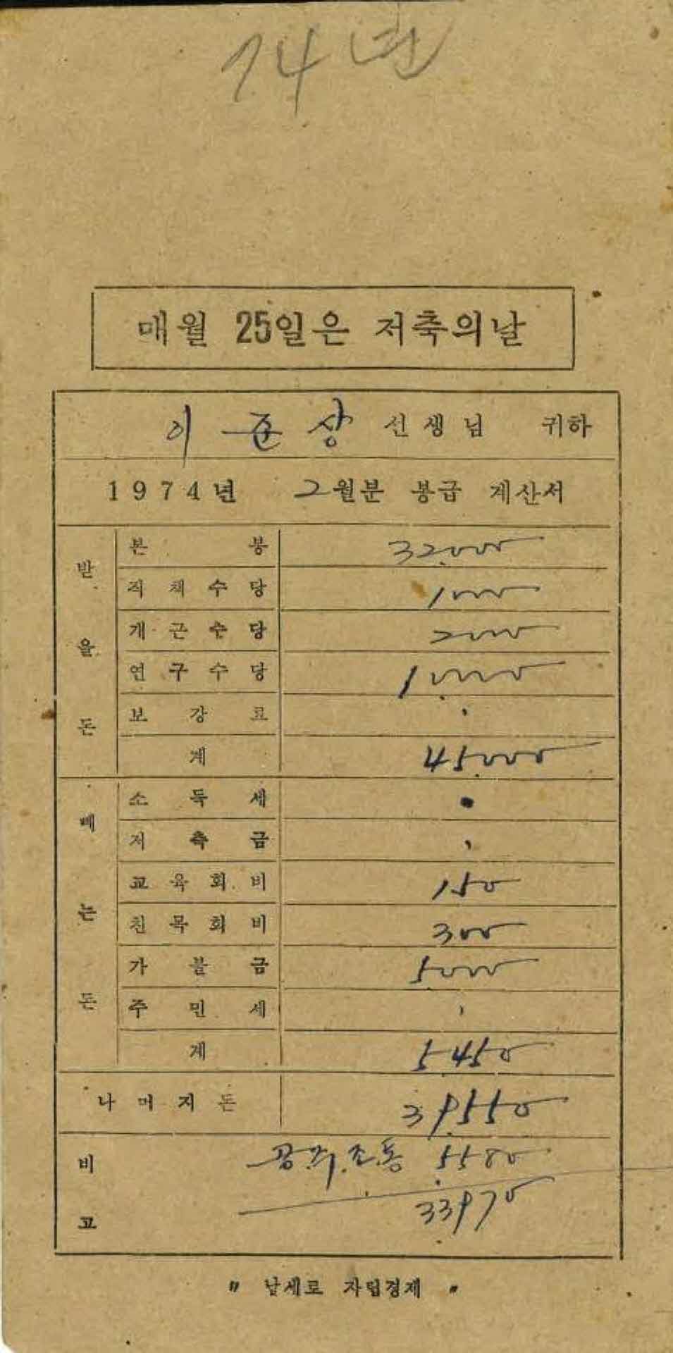 1974년 2월 교사 봉급계산서 봉투