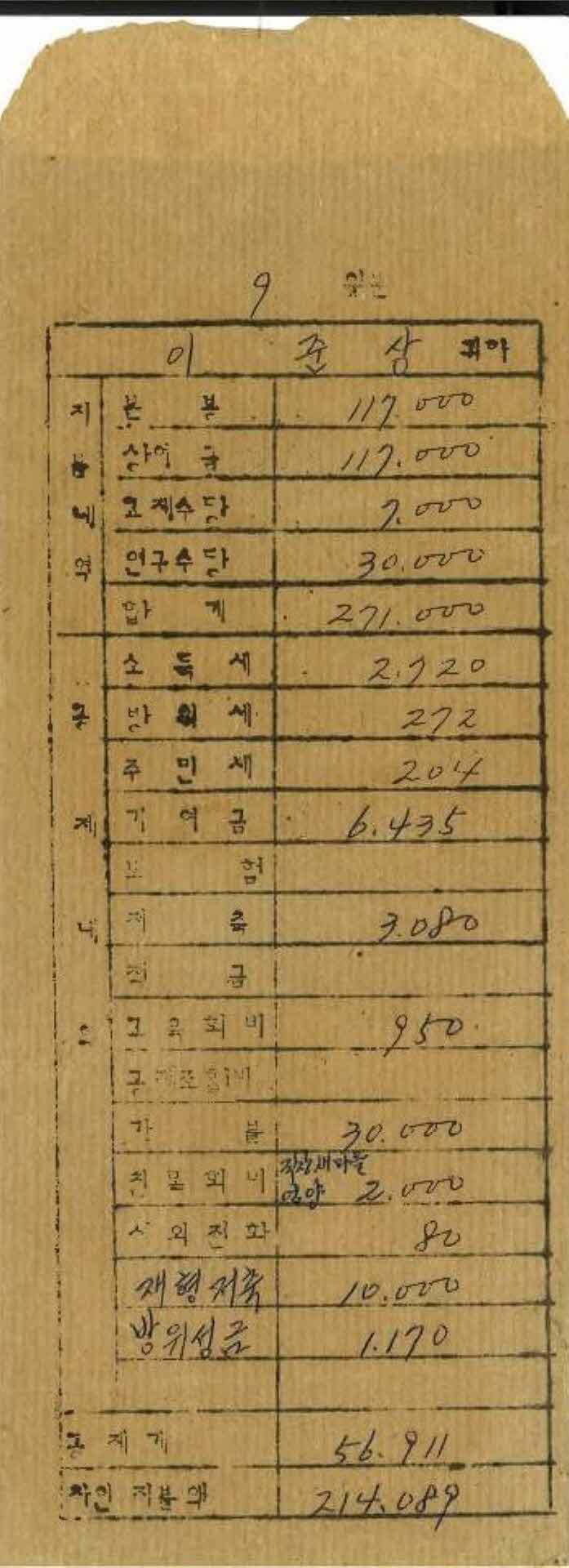 1978년 9월 교사 봉급계산서 봉투