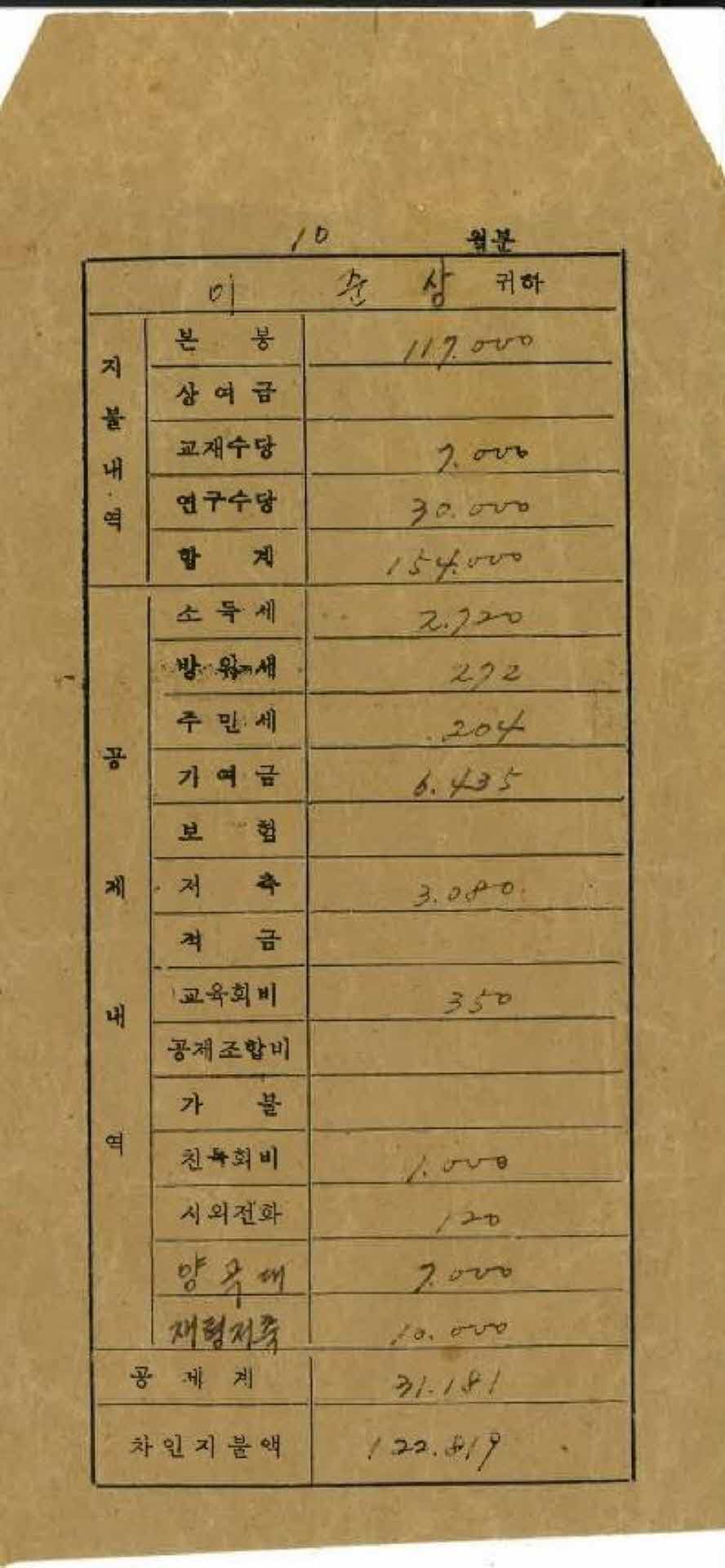 1978년 10월 교사 봉급계산서 봉투