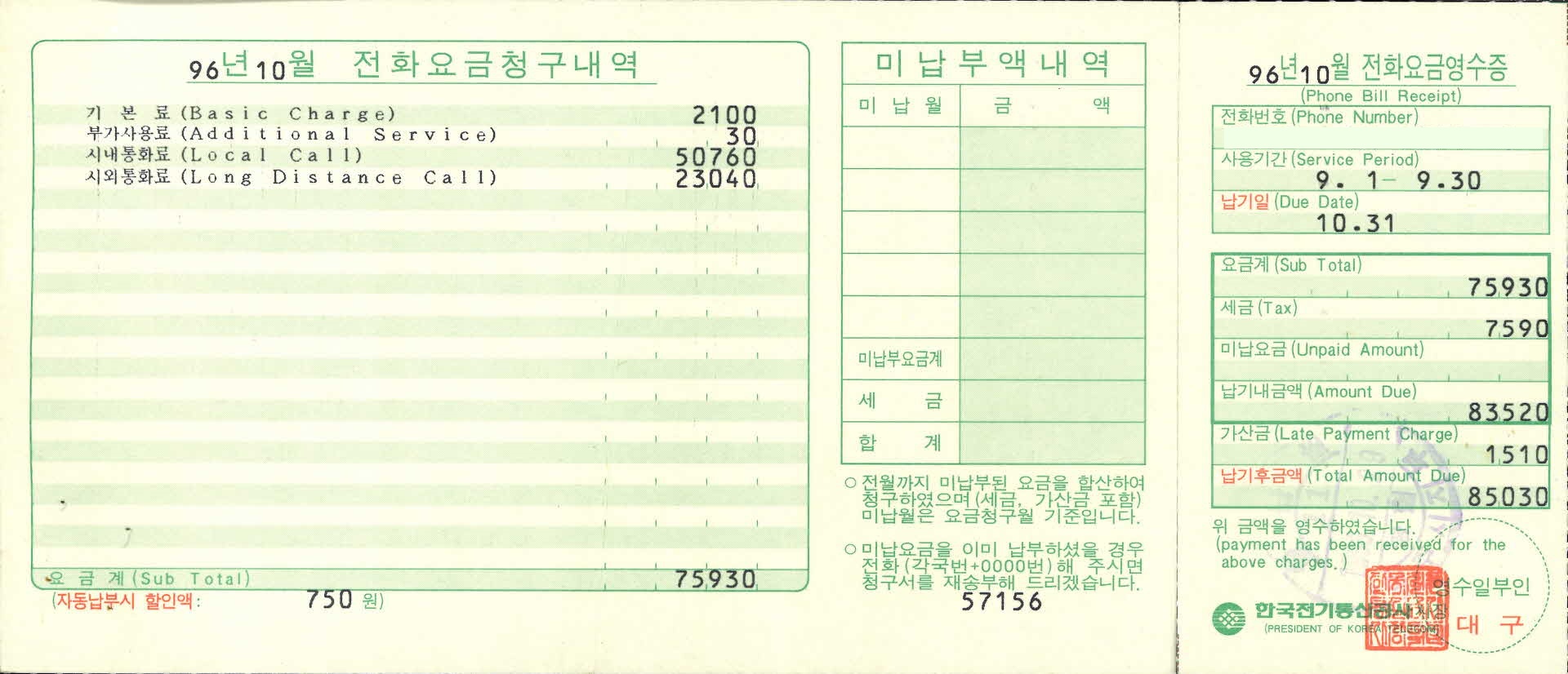 96년 10월 전화요금청구내역