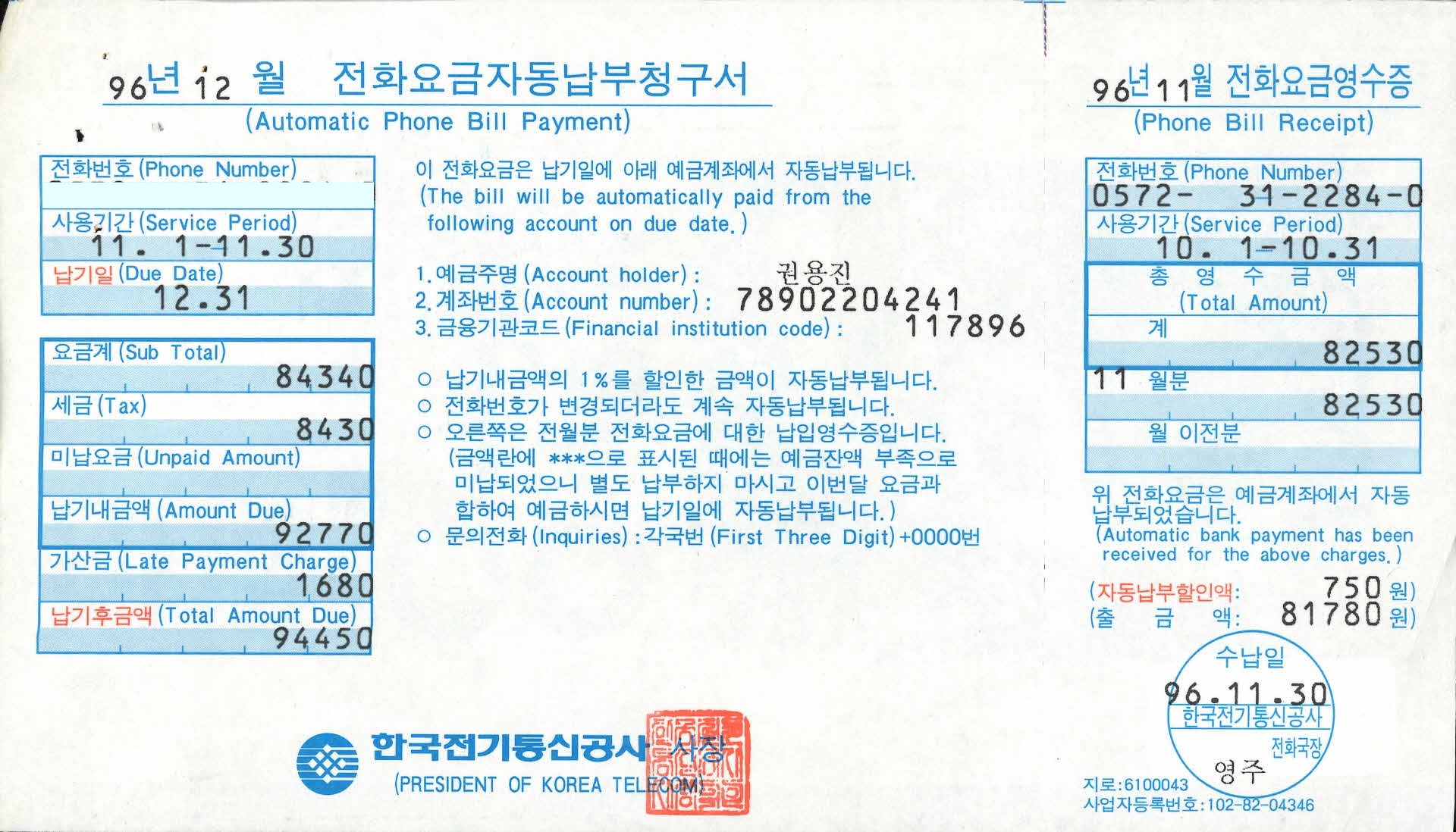 96년 12월 전화요금청구내역