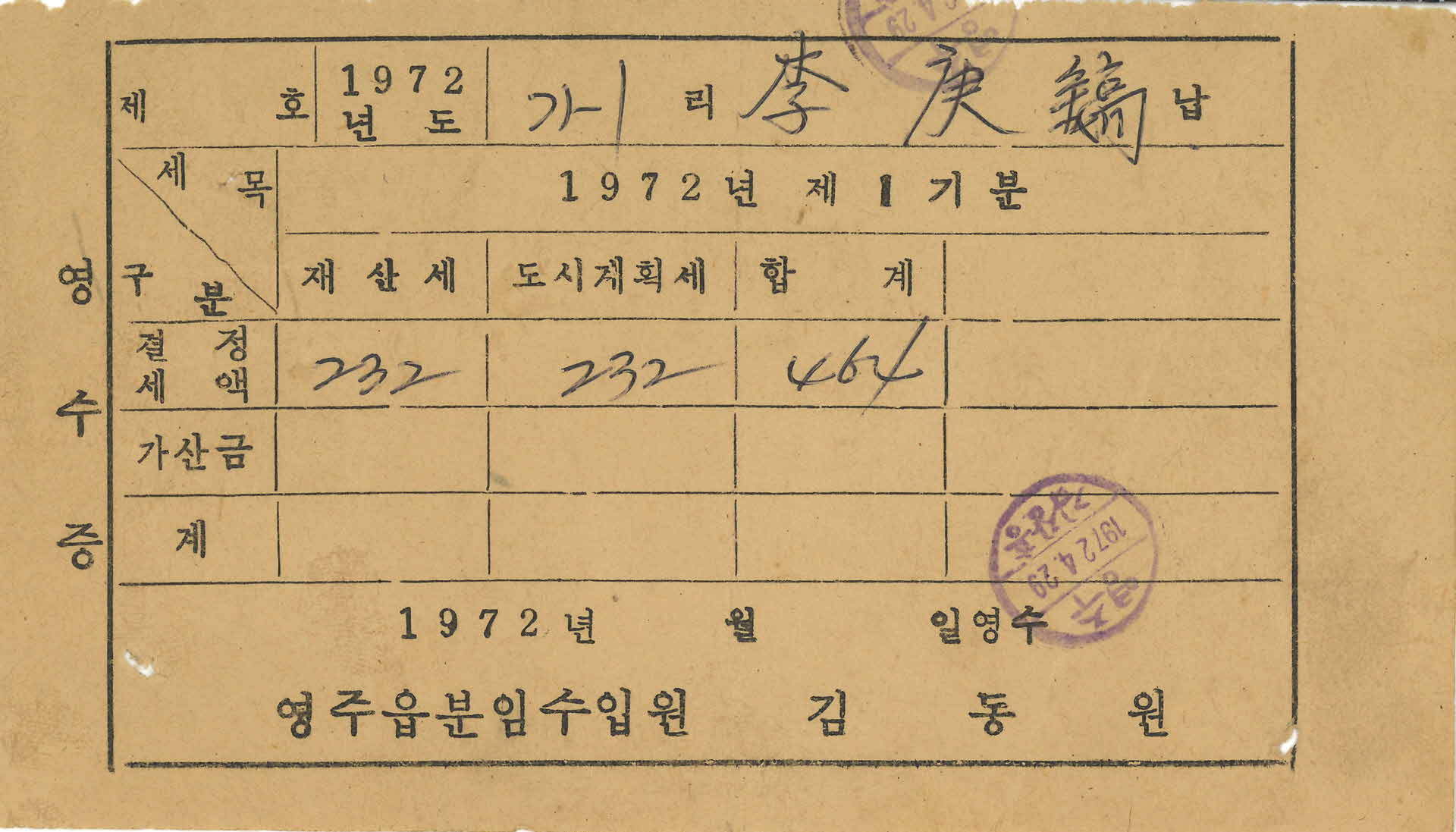 제산세, 도시계획세 영수증