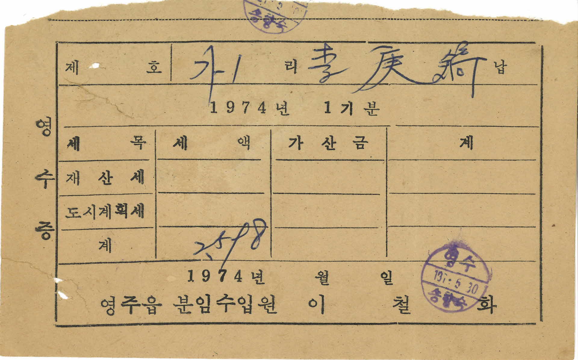 제산세, 도시계획세 영수증