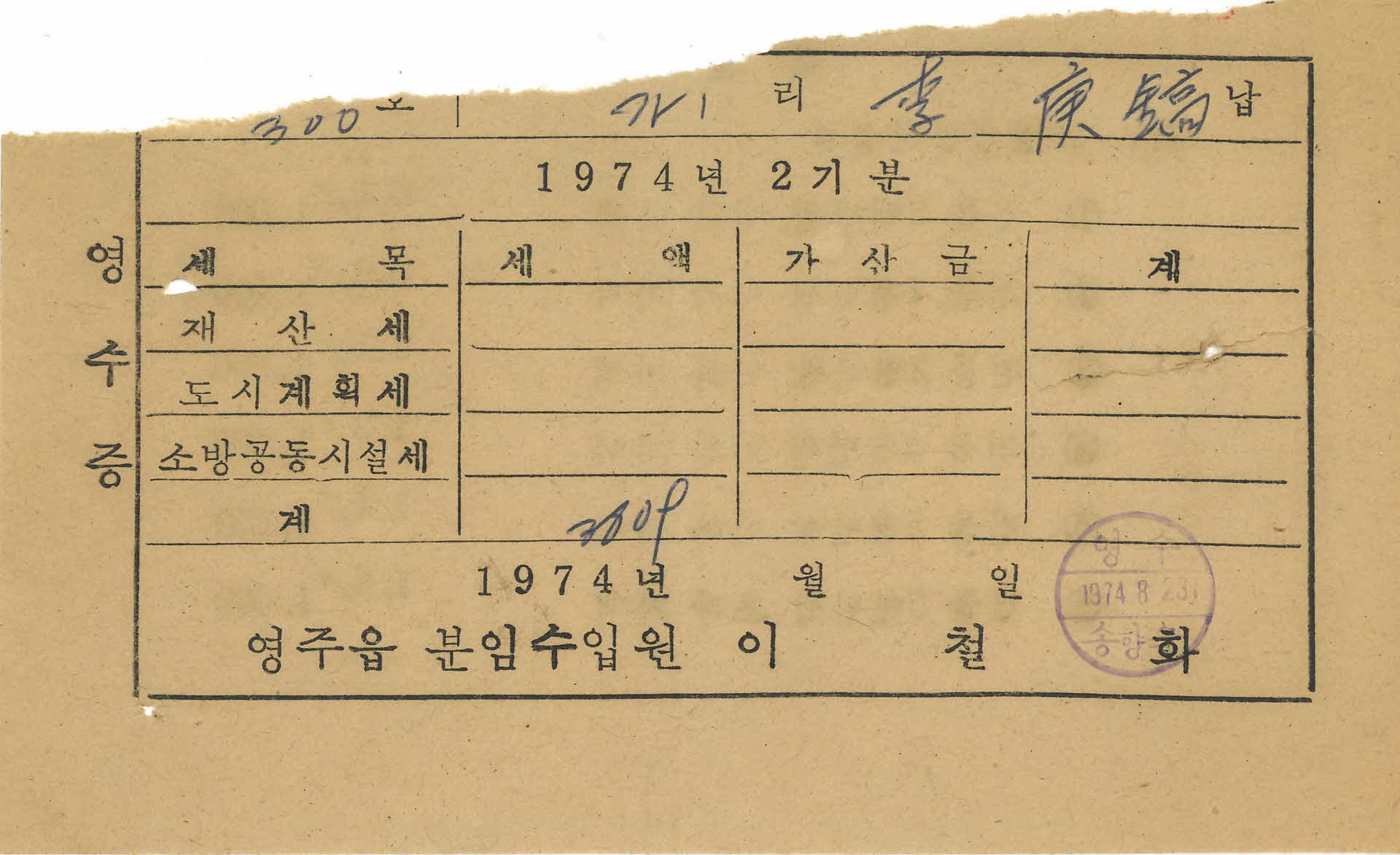 제산세, 도시계획세, 소방공동시설세 영수증