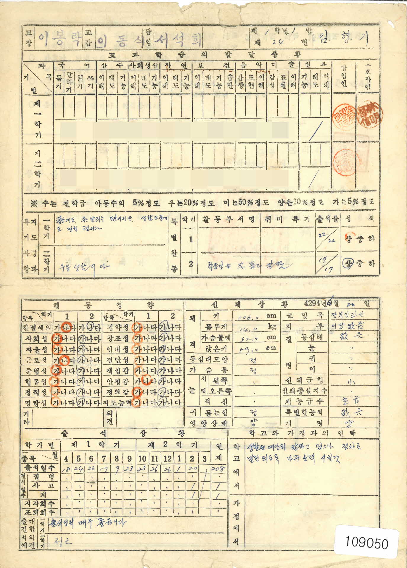 1962년 순흥국민학교 학교생활통지표