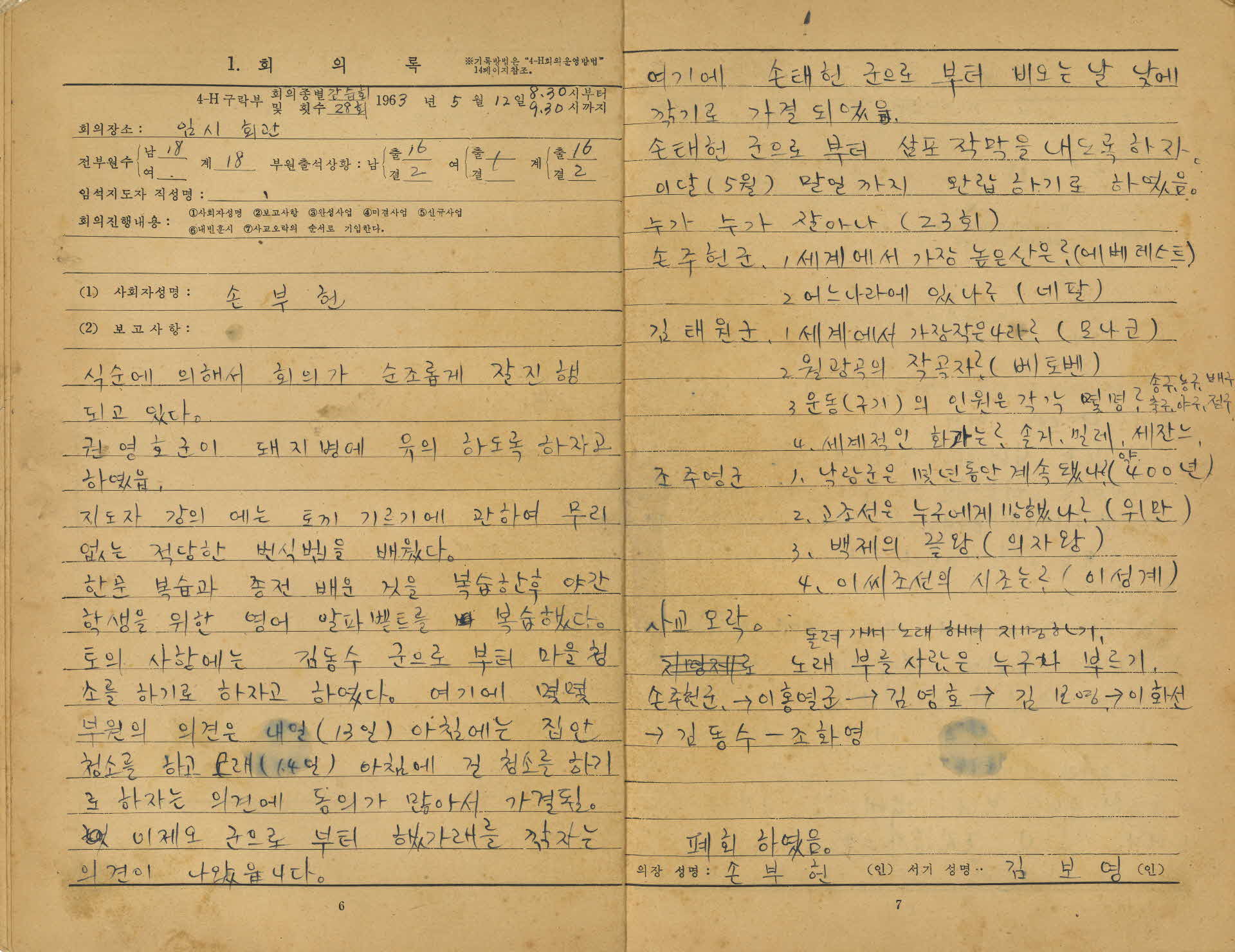 1963년 4-H 구락부 서기기록부