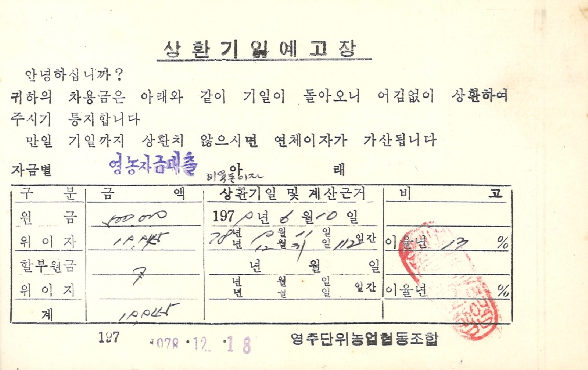 단위농협 상환기일 예고장(정명규)