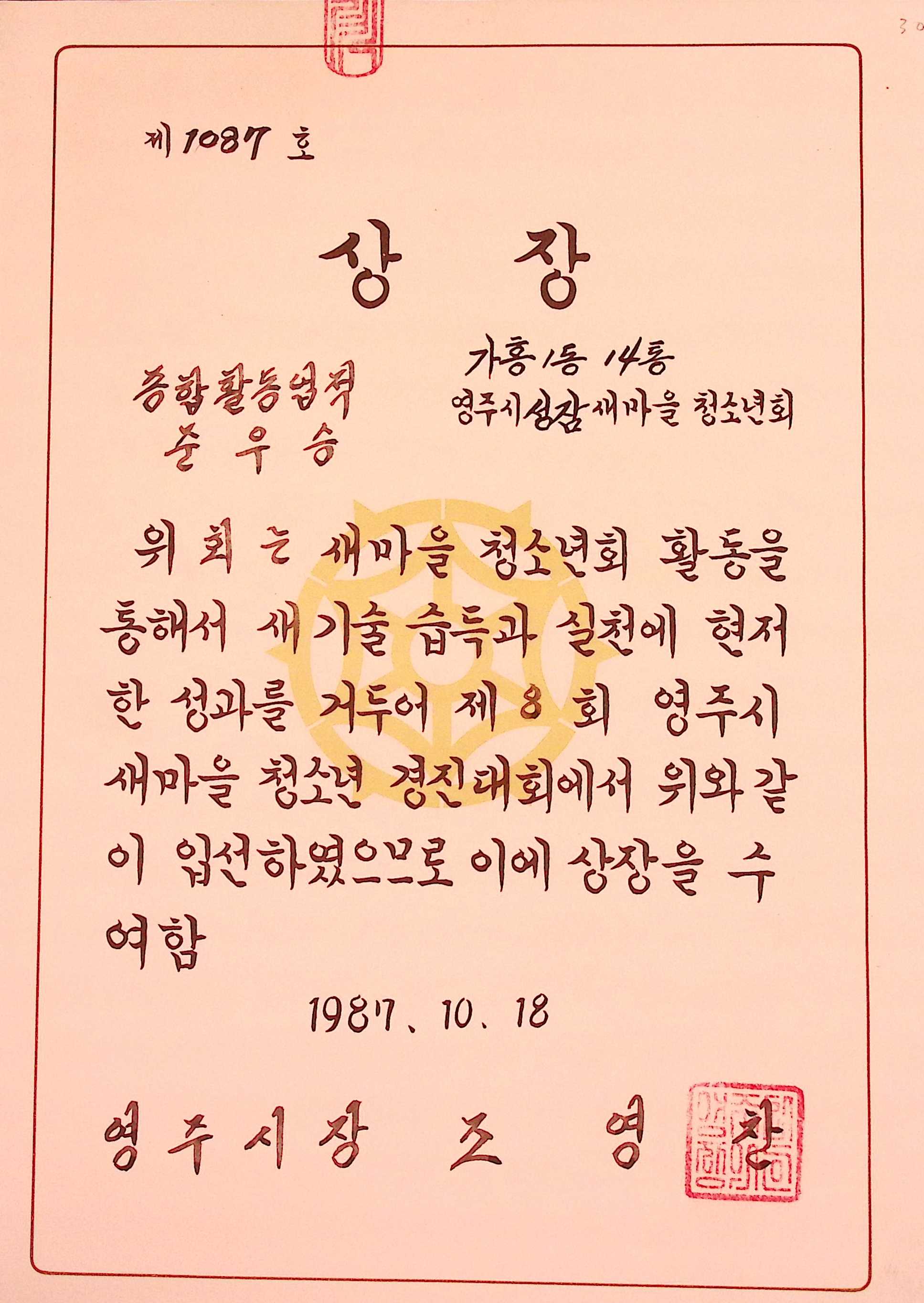 성잠새마을청소년회 종합활동업적 준우승 상장