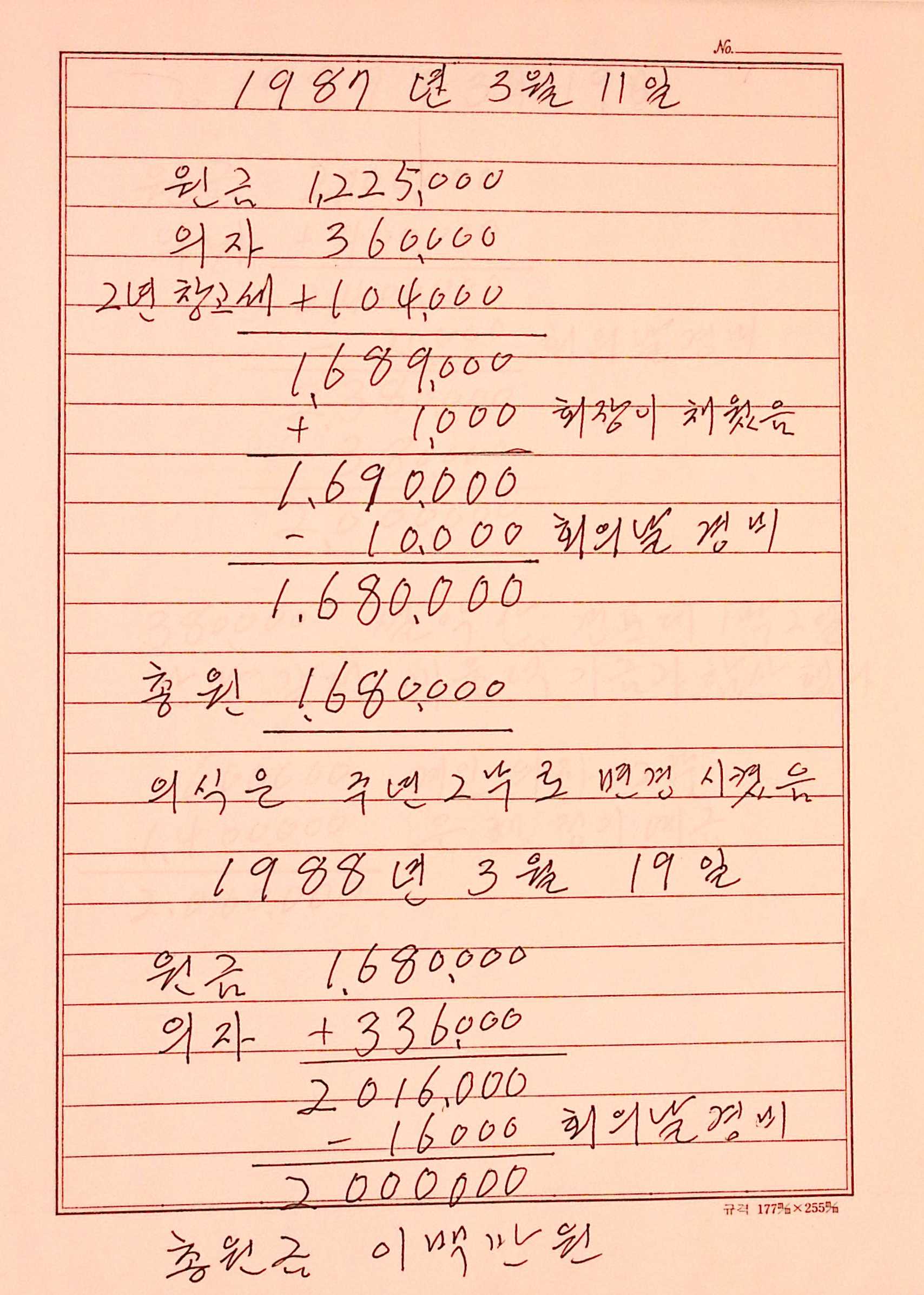 새마을 어머니회 부녀회기금 관련 기록 장부