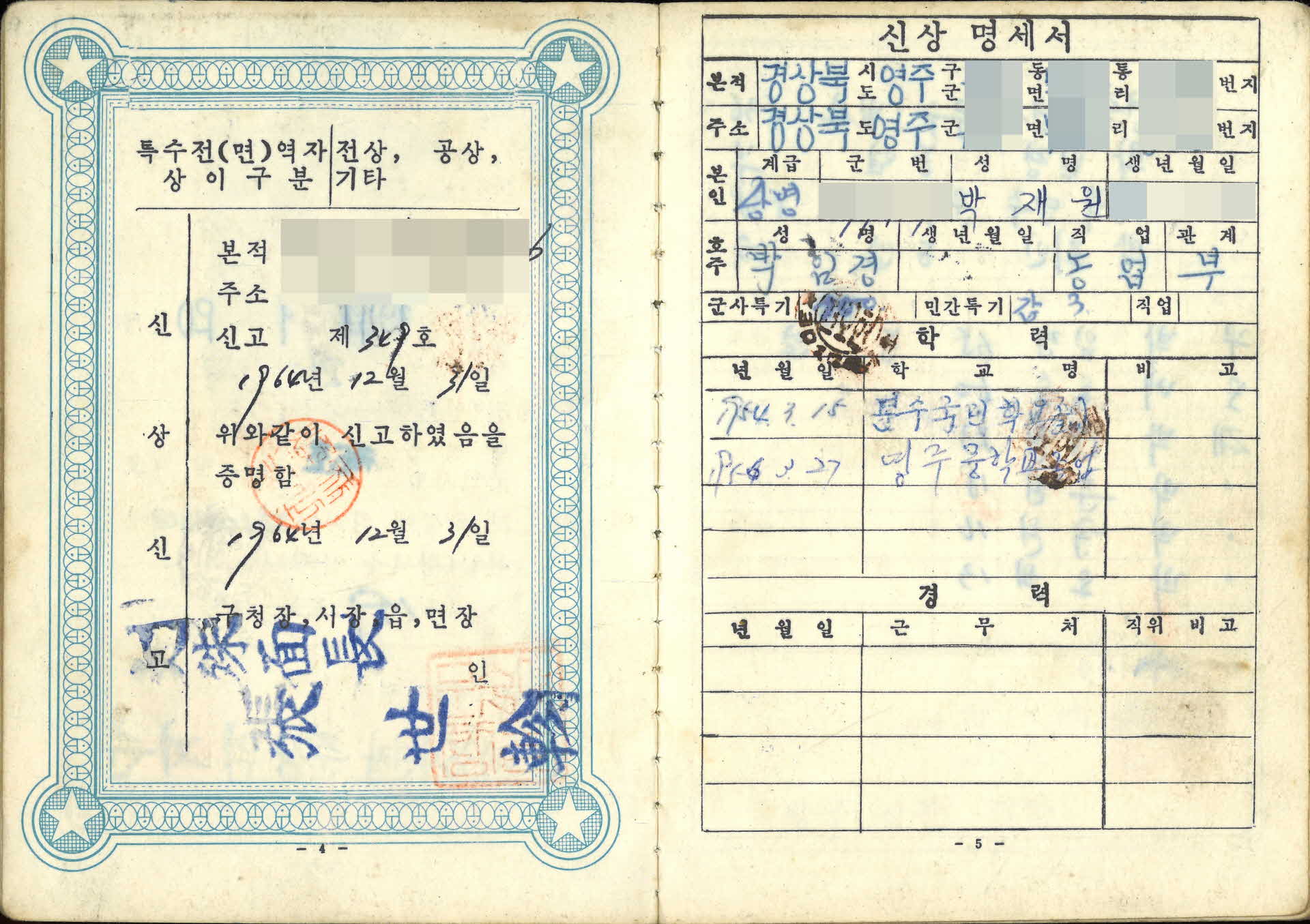 박재원 예비군인 수첩